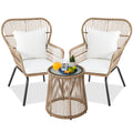 3-Piece Patio Wicker Conversation Bistro Set w/ 2 Chairs, Glass Top Table - Tan