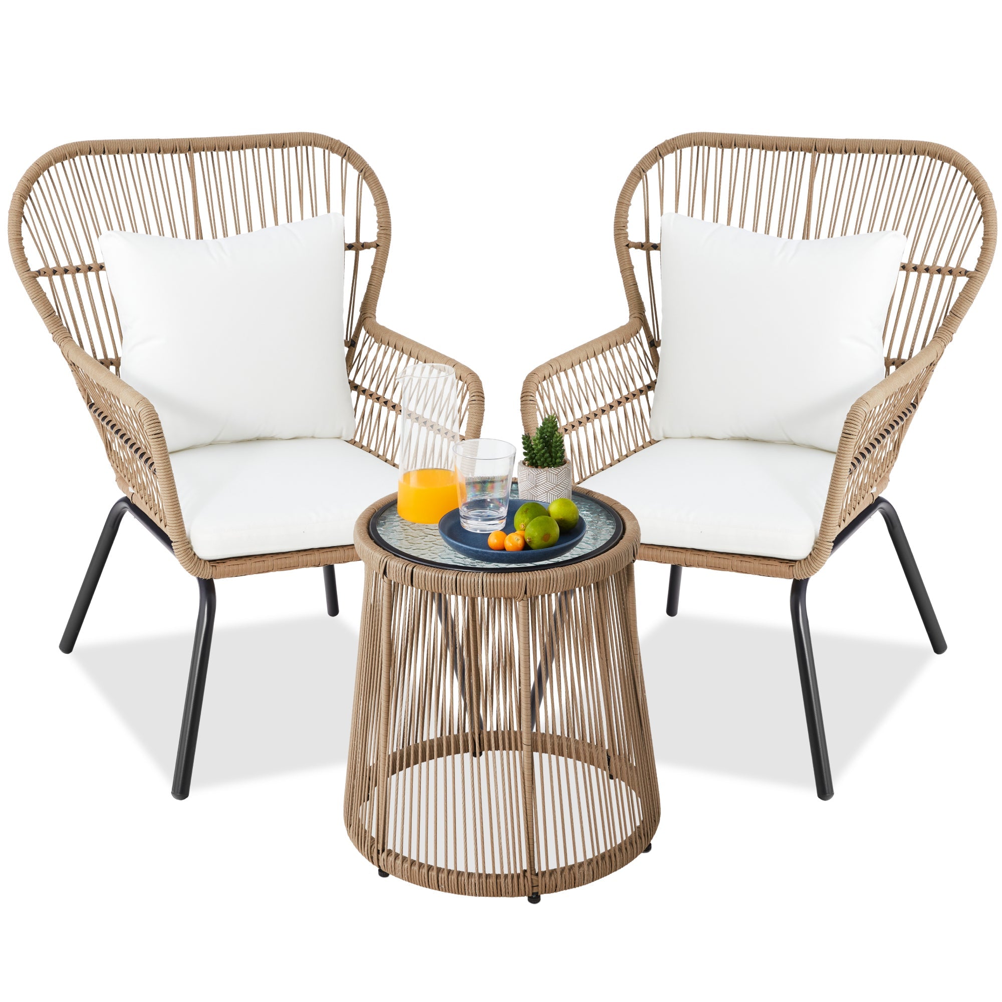 3-Piece Patio Wicker Conversation Bistro Set w/ 2 Chairs, Glass Top Table - Tan
