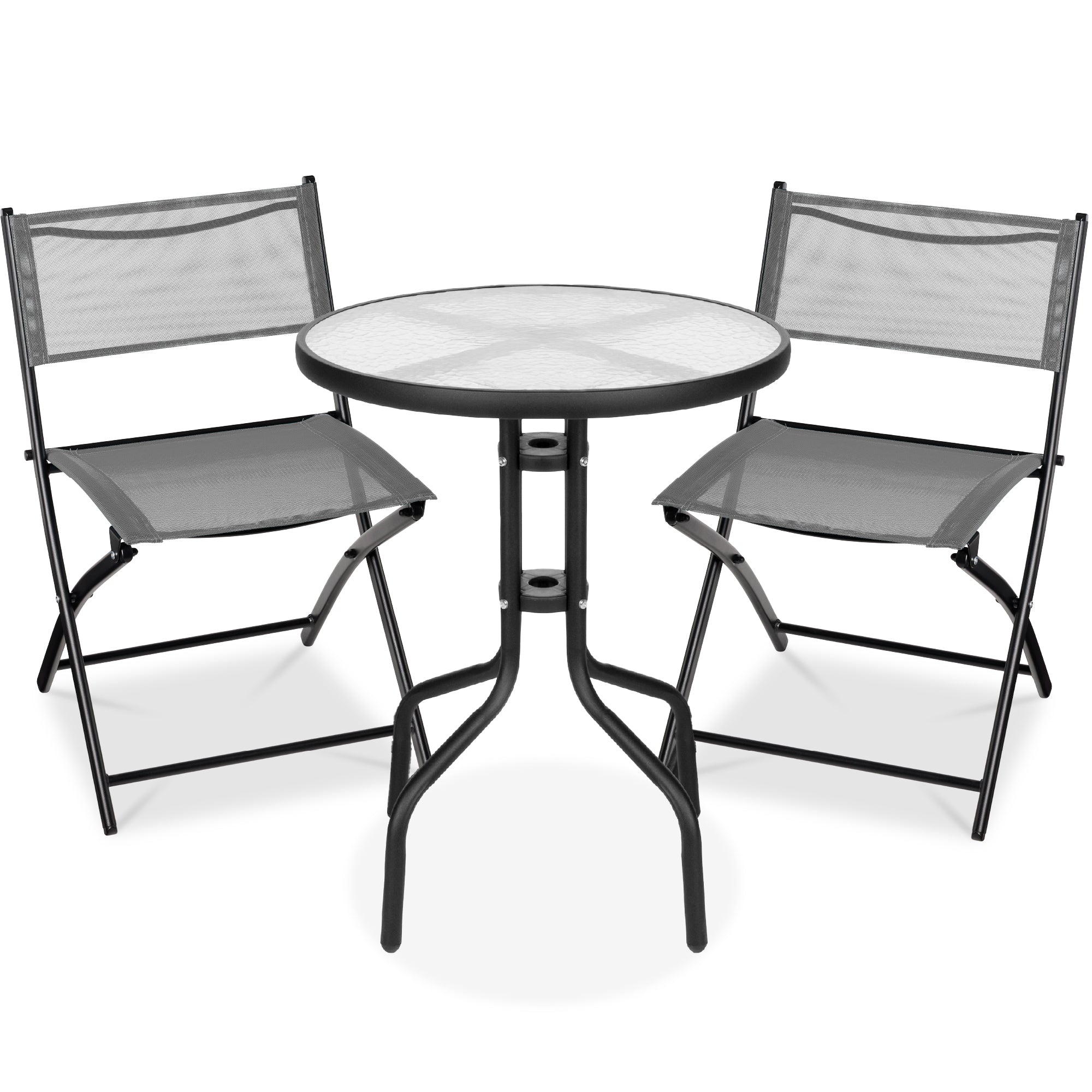 3-Piece Bistro Set w/ Glass Table, 2 Foldable Chairs - Gray