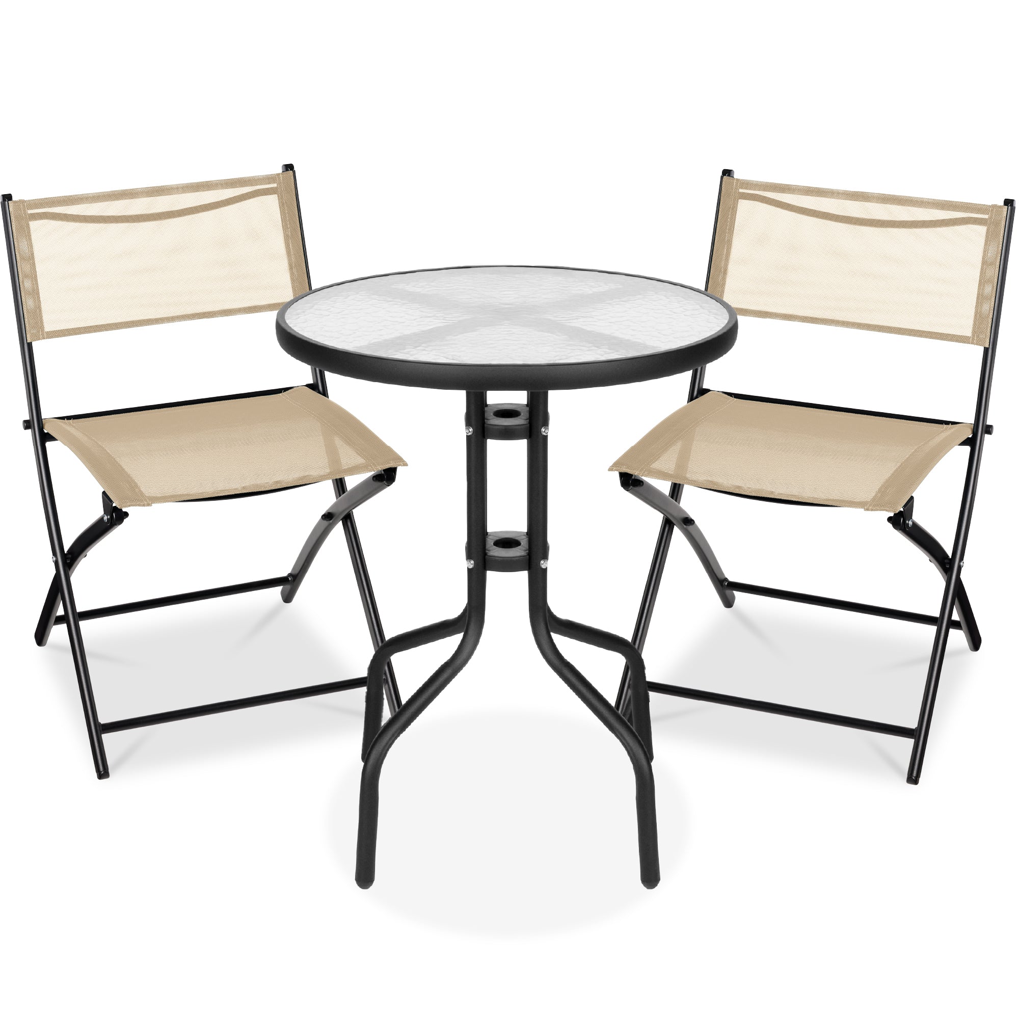 3-Piece Bistro Set w/ Glass Table, 2 Foldable Chairs - Beige