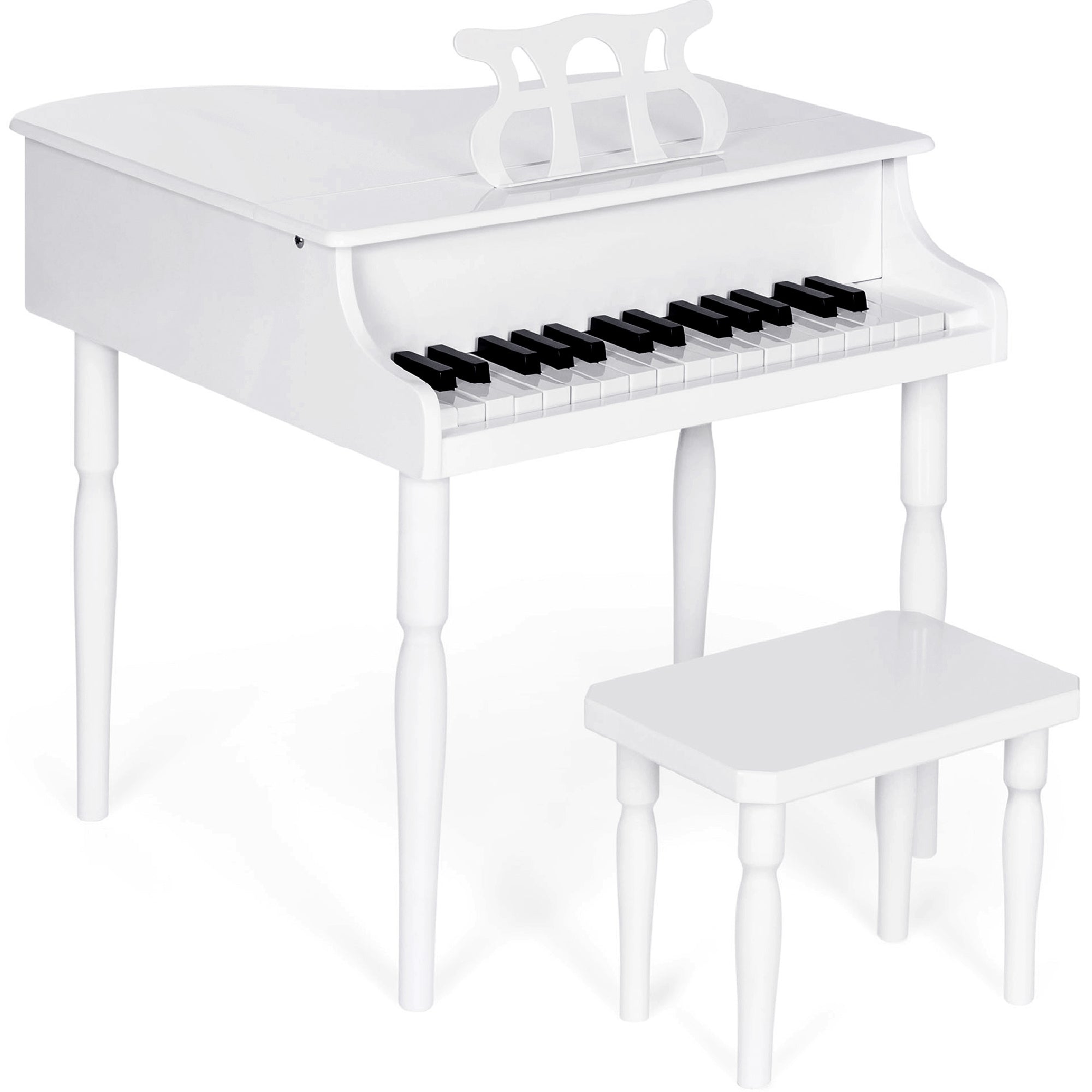 Kids Mini Wooden Grand Piano w/ Lid, Bench, Music Rack, Song Book, Stickers - White