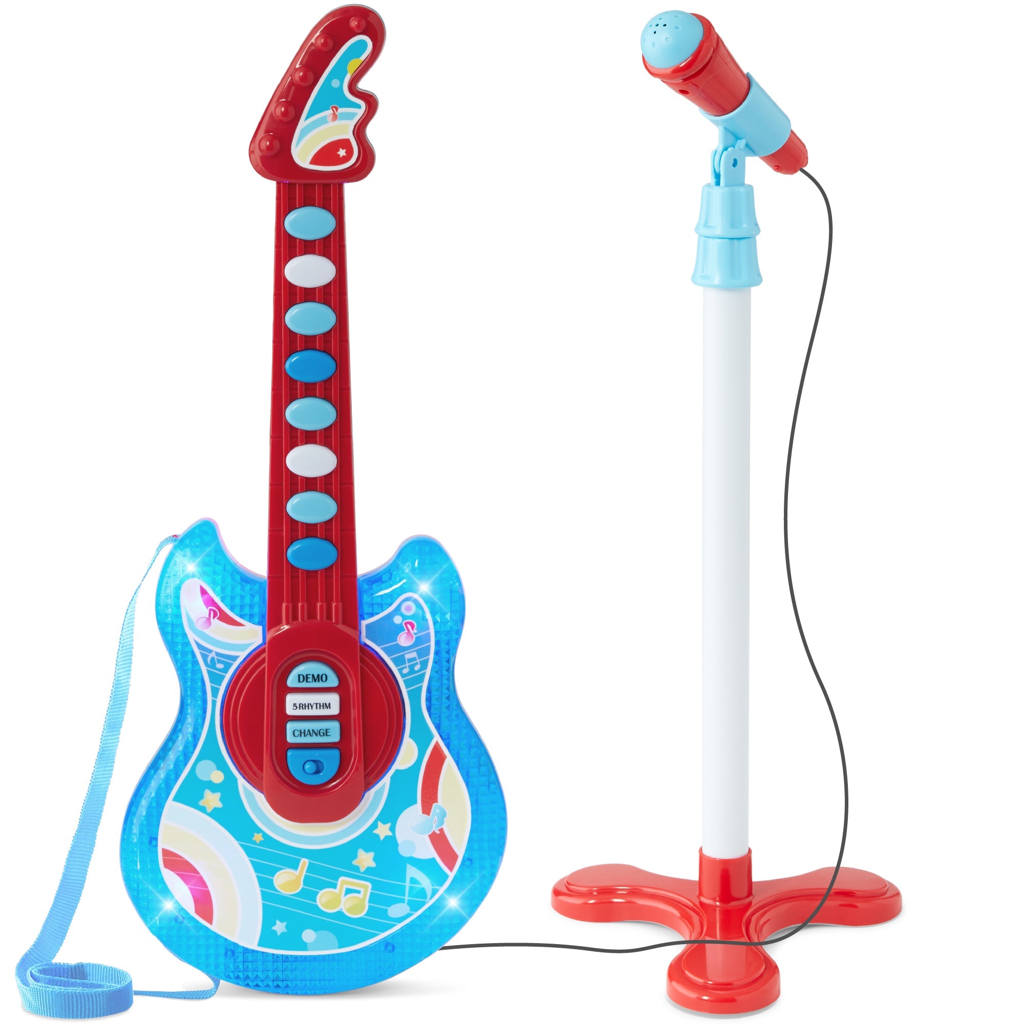 Kids Pretend Play Guitar Musical Instrument Toy w/ Microphone, Stand - 19in - Blue