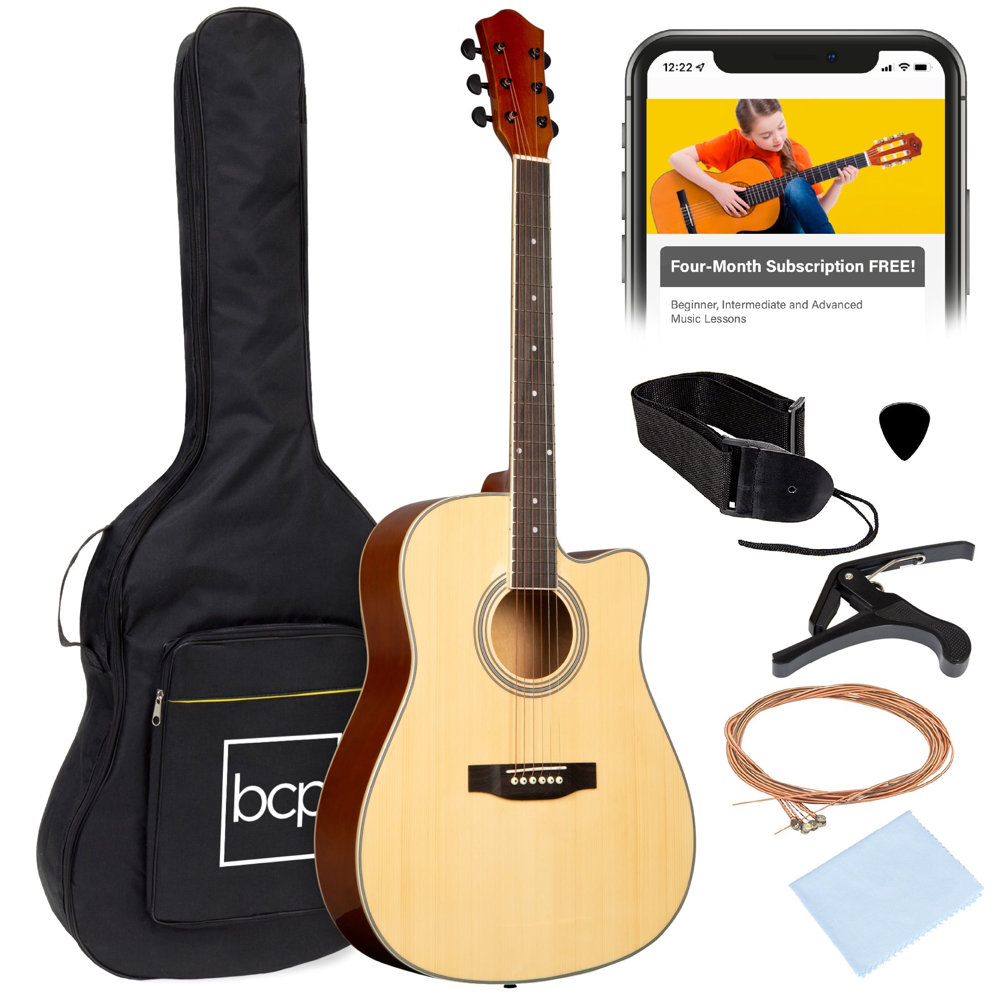 Full Size Beginner Acoustic Guitar Set with Case, Strap, Capo - 41in - Natural