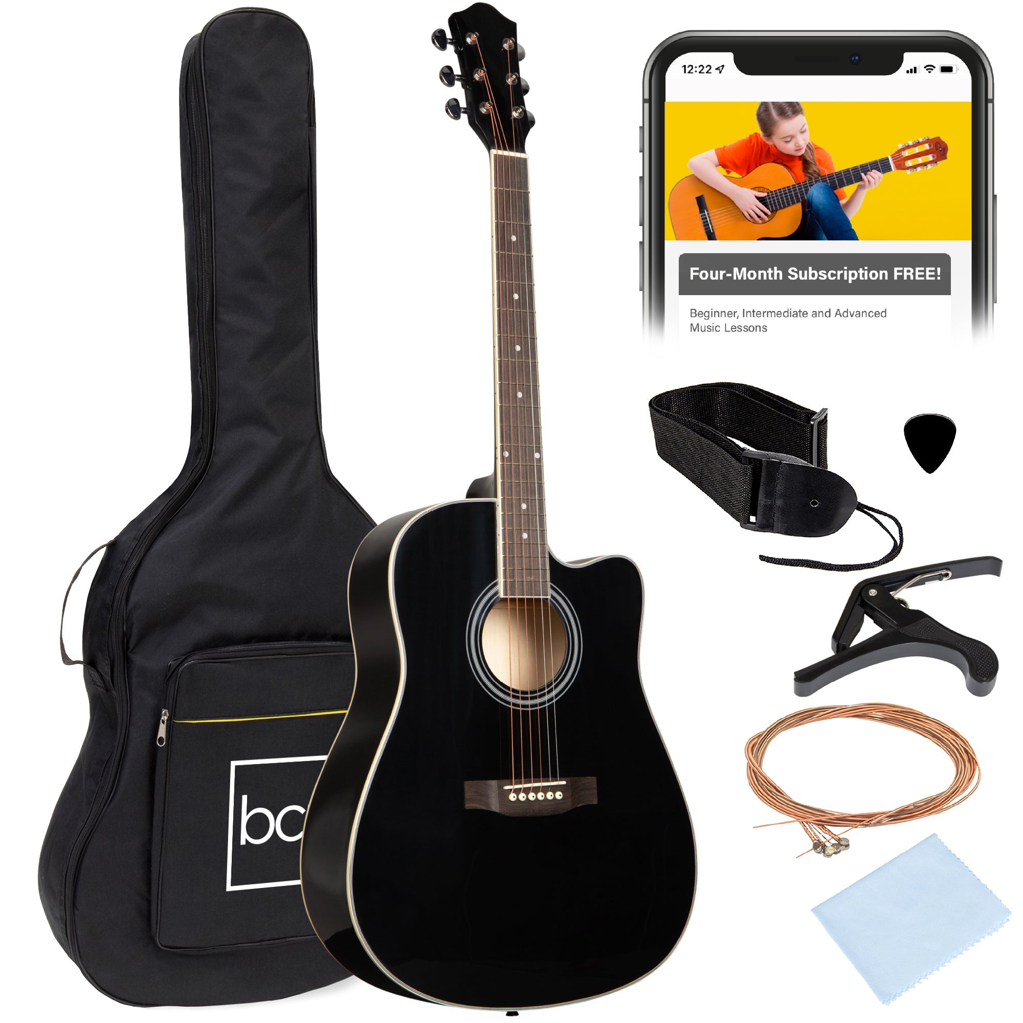 Full Size Beginner Acoustic Guitar Set with Case, Strap, Capo - 41in - Black
