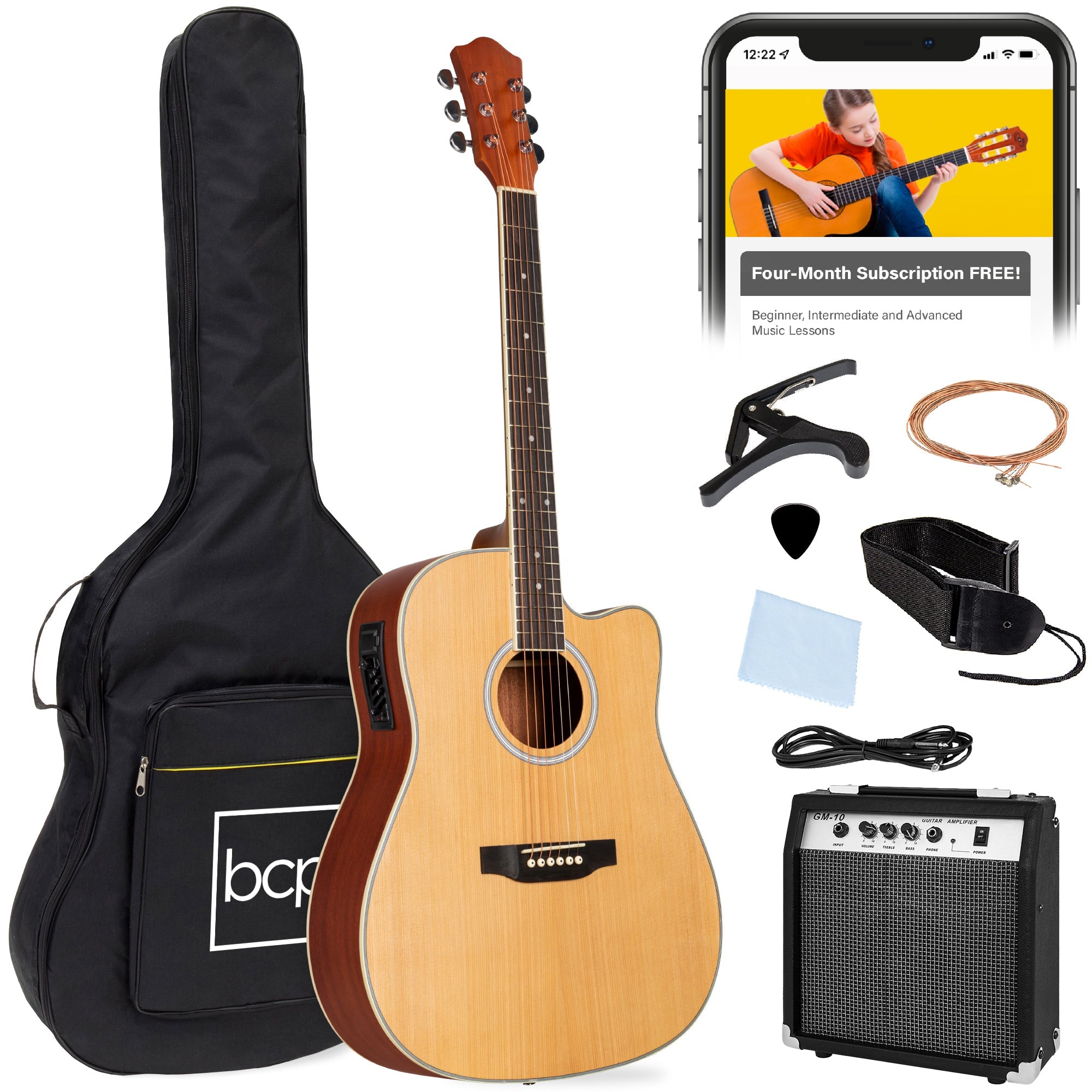 Beginner Acoustic Electric Cutaway Guitar Set w/ Gig Bag, Strap - 41in - Natural
