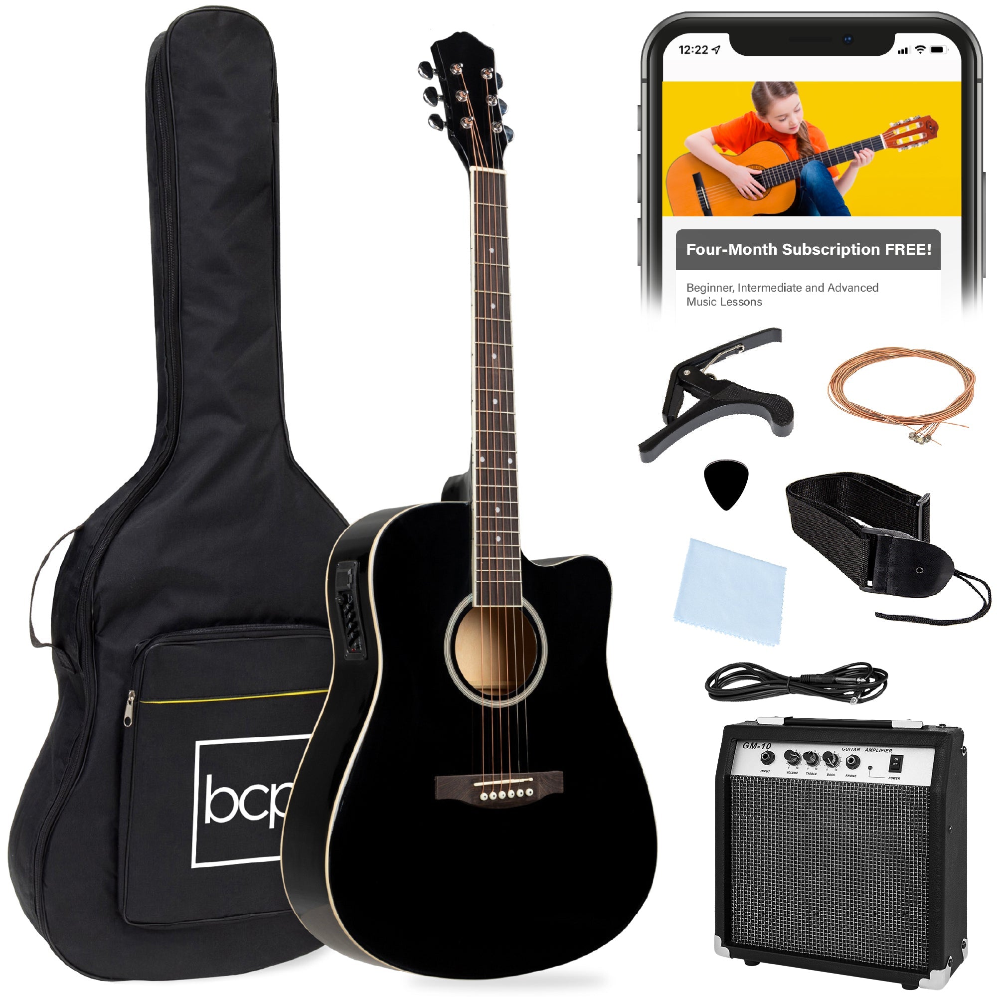 Beginner Acoustic Electric Cutaway Guitar Set w/ Gig Bag, Strap - 41in - Black