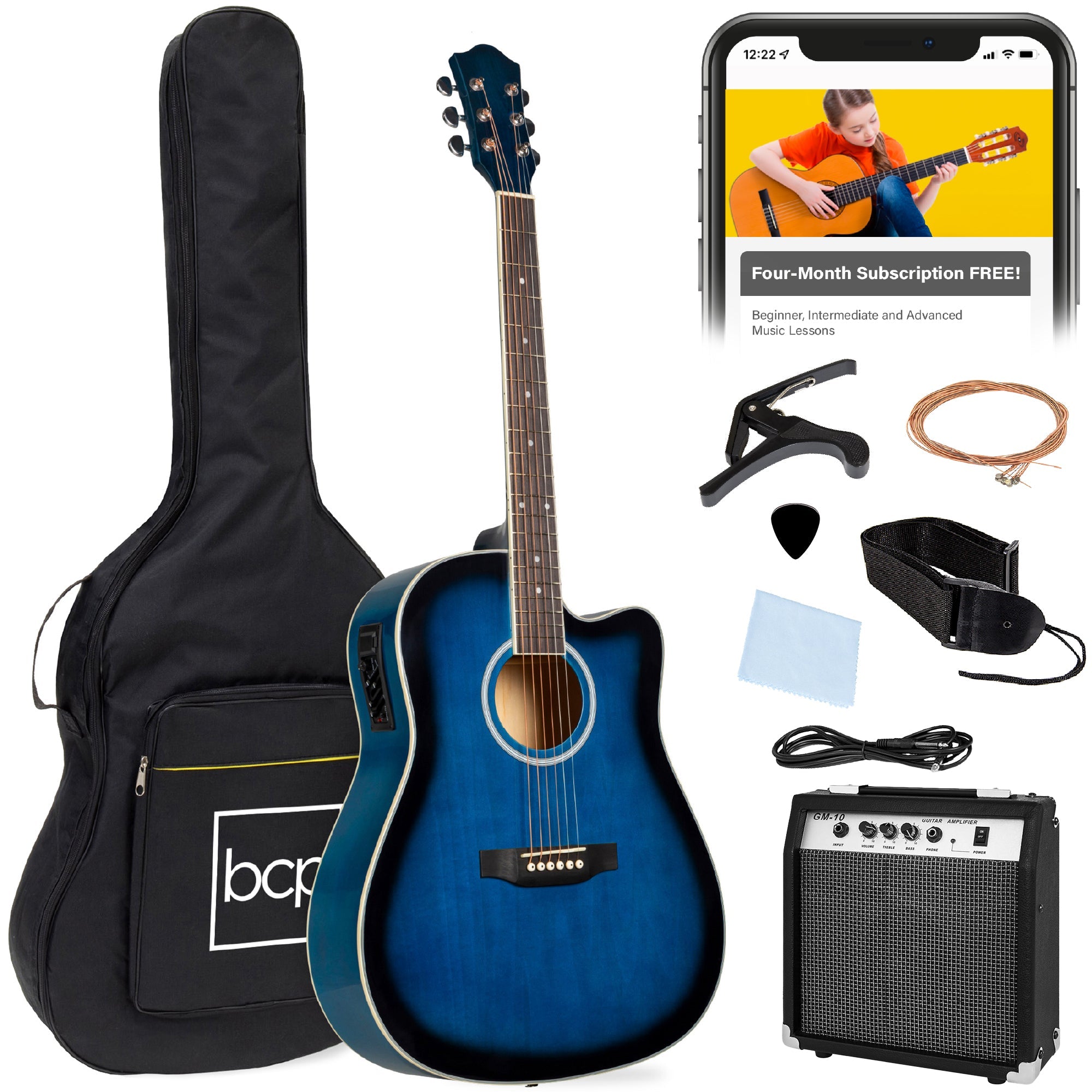 Beginner Acoustic Electric Cutaway Guitar Set w/ Gig Bag, Strap - 41in - Blue
