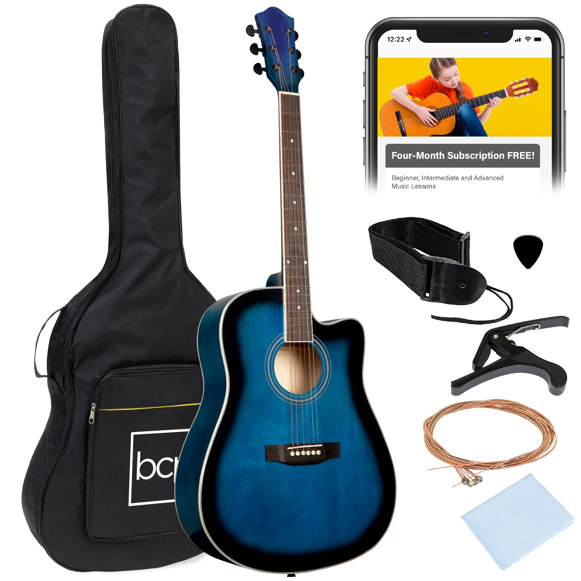 Full Size Beginner Acoustic Guitar Set with Case, Strap, Capo - 41in - Blue