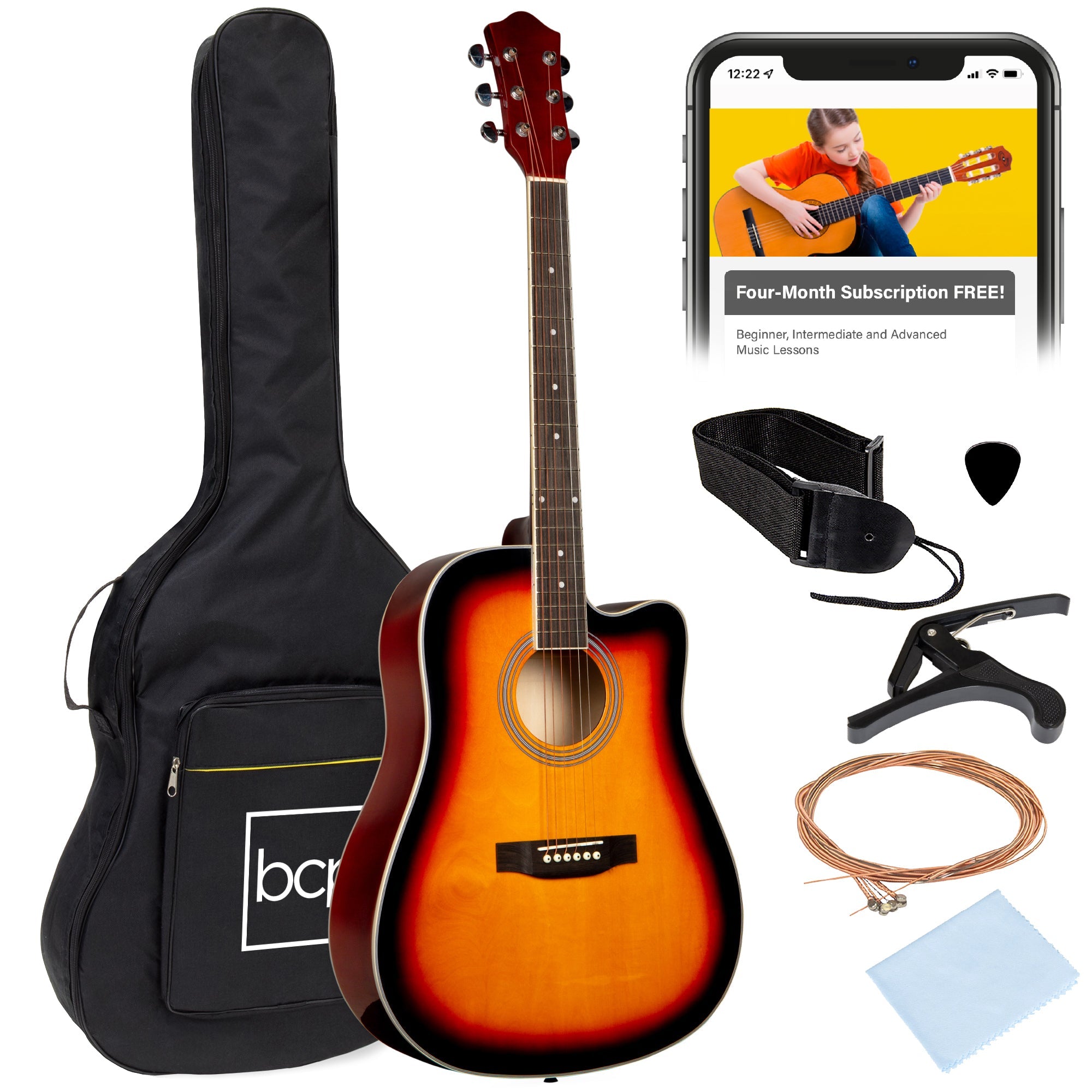 Full Size Beginner Acoustic Guitar Set with Case, Strap, Capo - 41in - Sunburst