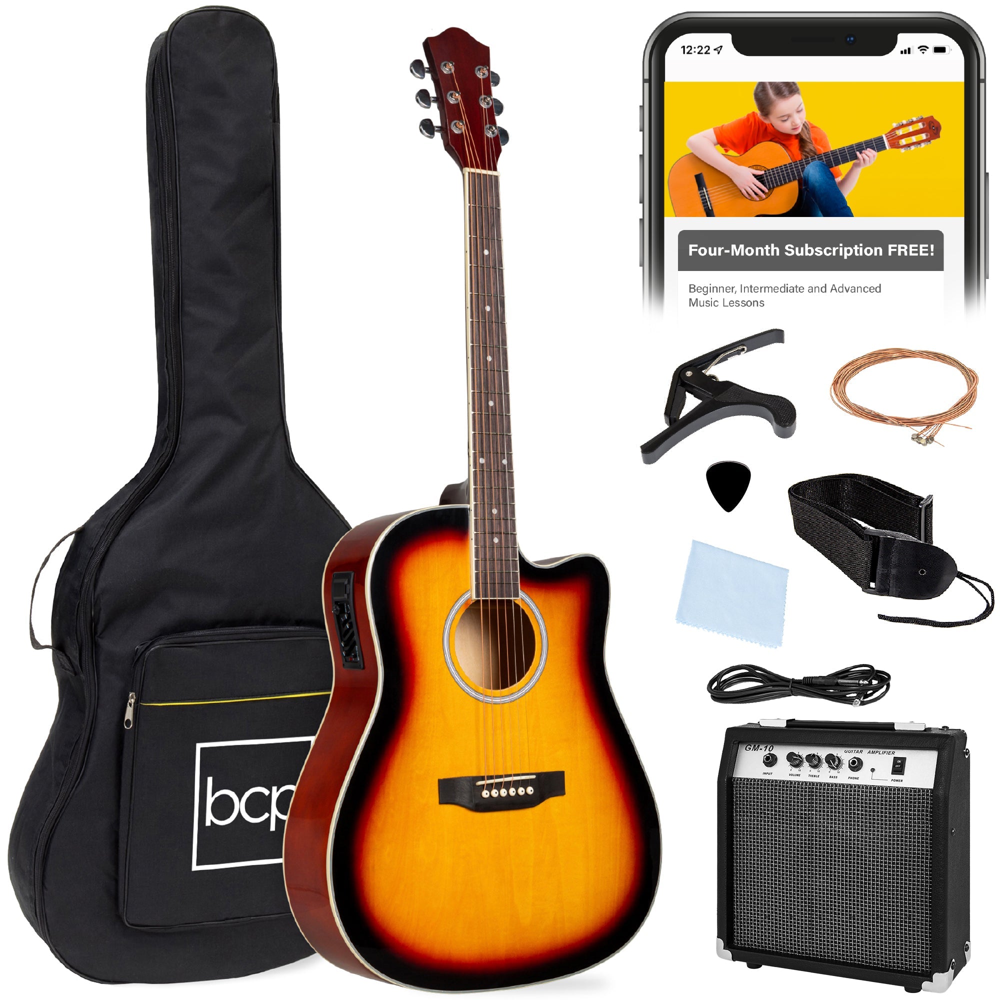 Beginner Acoustic Electric Cutaway Guitar Set w/ Gig Bag, Strap - 41in - Sunburst