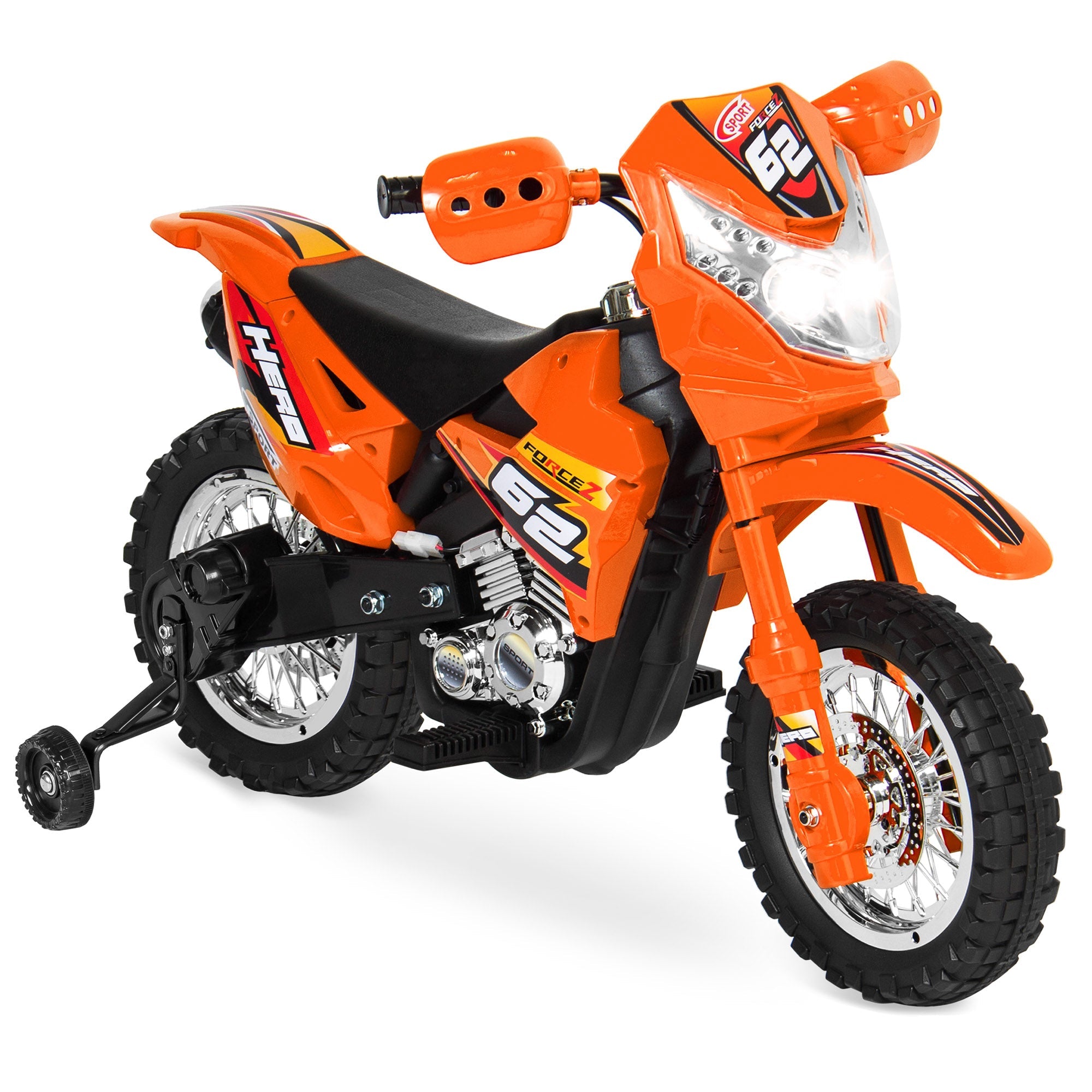 6V Kids Electric Ride-On Motorcycle Toy w/ Training Wheels, Lights, Music - Orange
