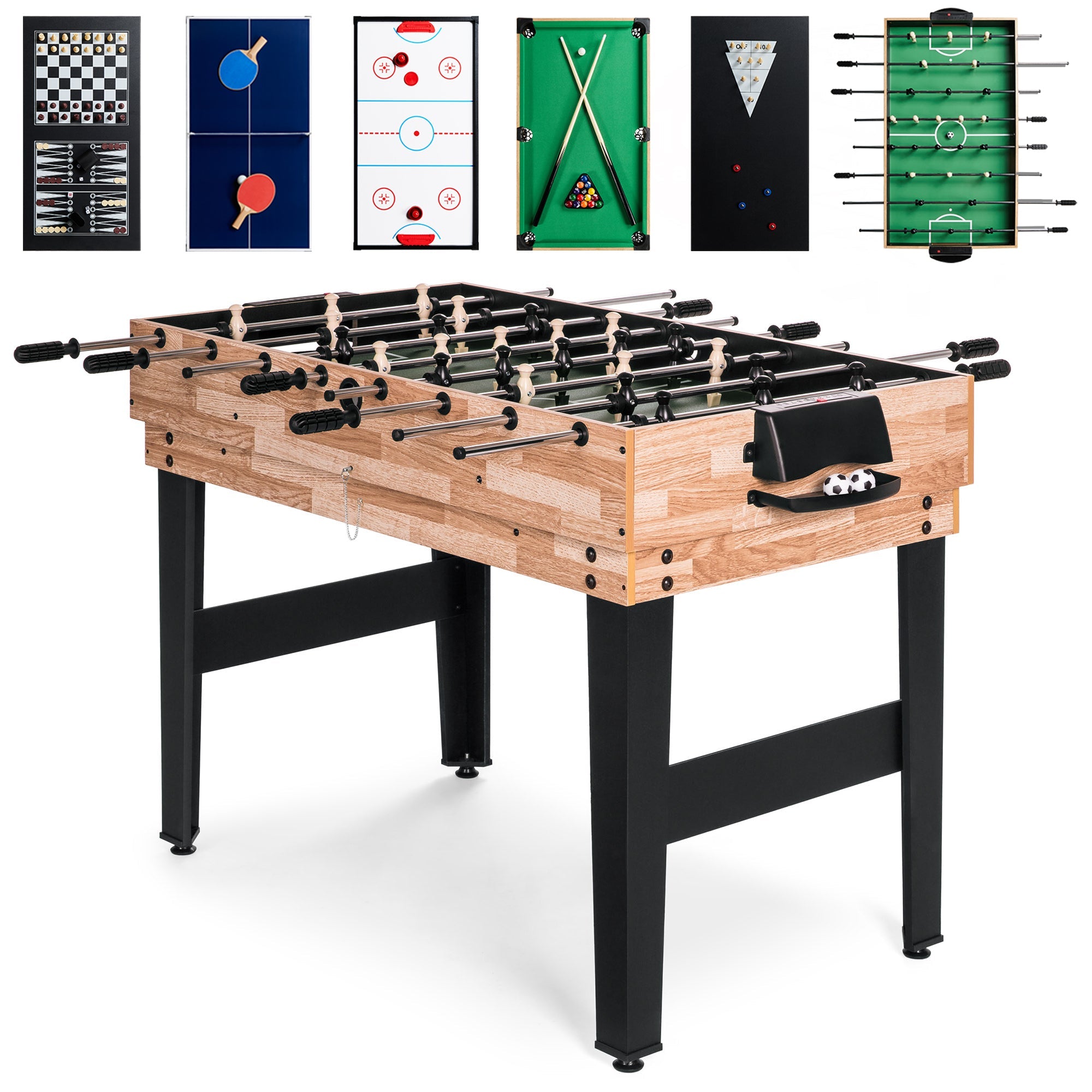 10-in-1 Combo Game Table Set w/ Pool, Foosball, Ping Pong, Chess - 2x4ft - Natural