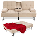 Linen Upholstered Convertible Sofa Bed Futon w/ 2 Cupholders - Beige