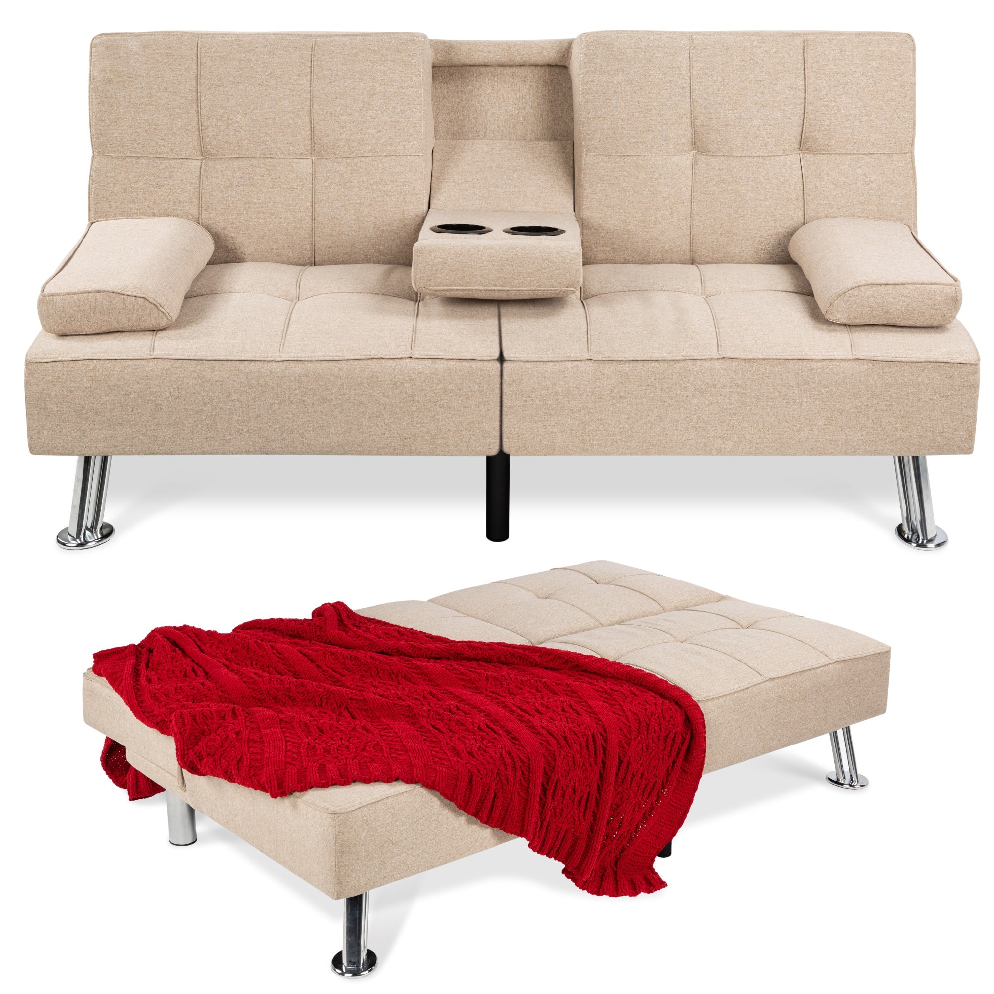 Linen Upholstered Convertible Sofa Bed Futon w/ 2 Cupholders - Beige