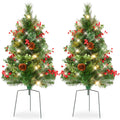 Set of 2 Pre-Lit Pathway Christmas Trees w/ Pine Cones, Timer - 24.5in - Green w/Berries