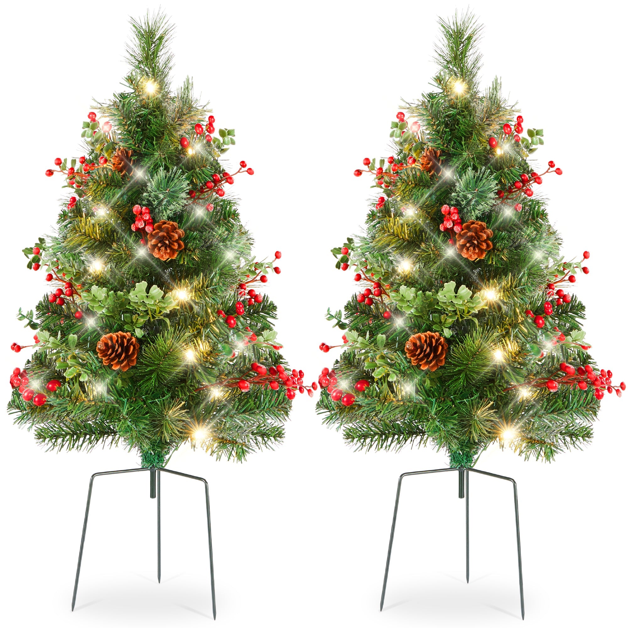 Set of 2 Pre-Lit Pathway Christmas Trees w/ Pine Cones, Timer - 24.5in - Green w/Berries