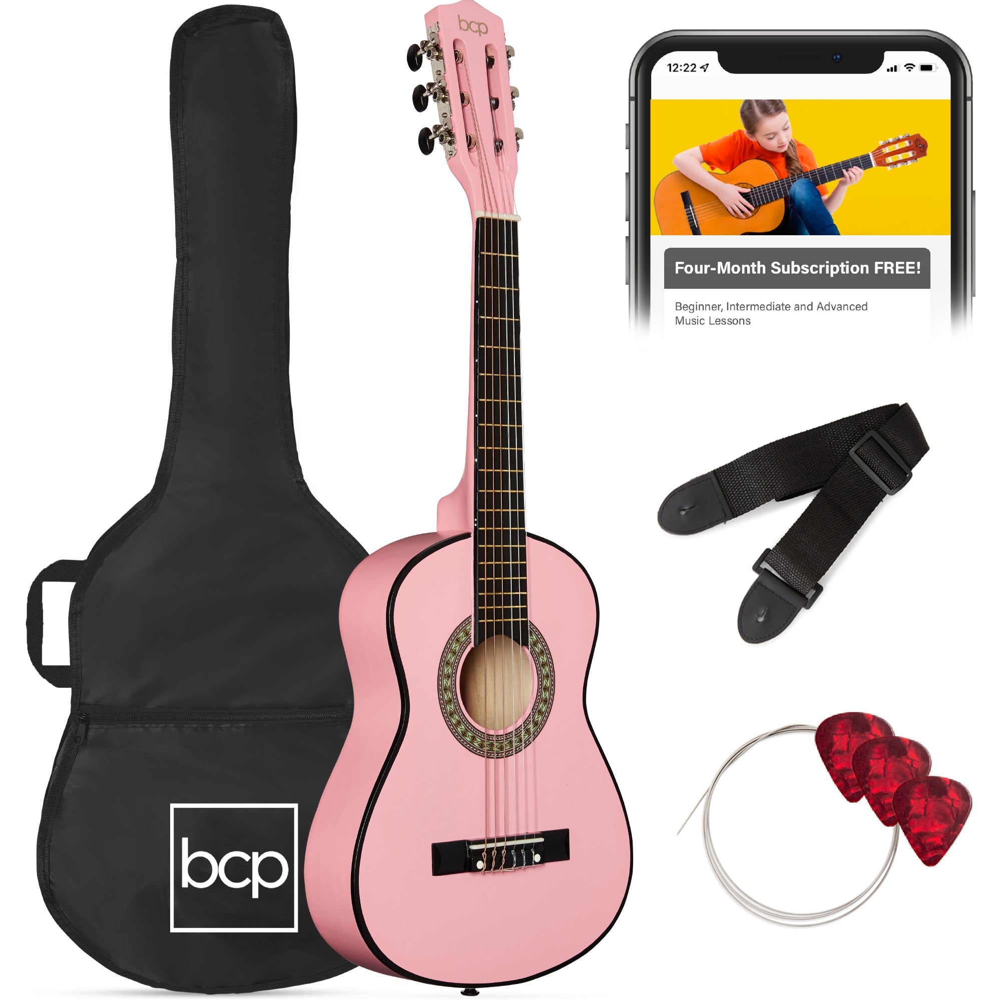 Kids Acoustic Guitar Beginner Starter Kit w/ Carrying Case - 30in - Pink