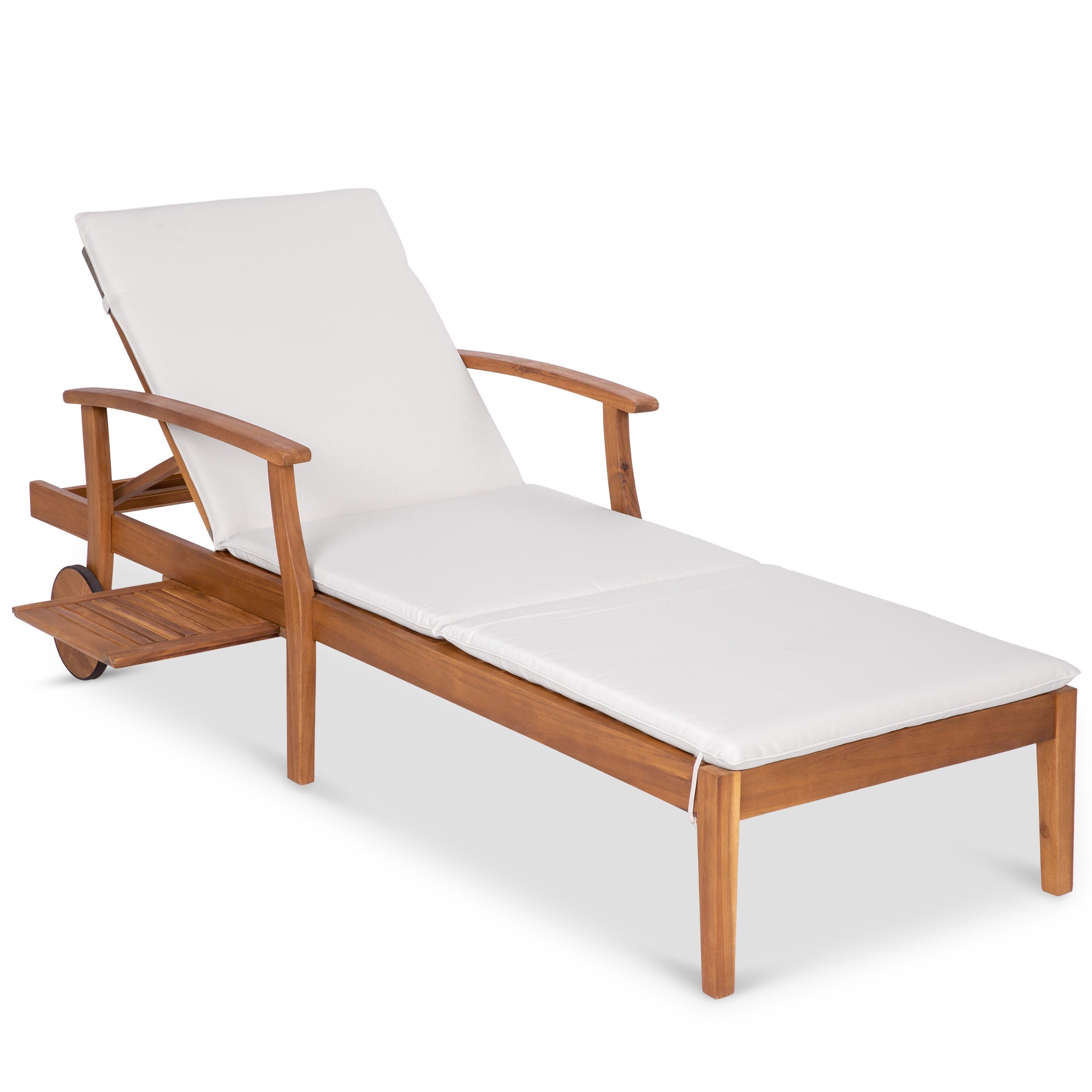 Adjustable Acacia Wood Chaise Lounge Chair w/ Side Table, Wheels - 79x26in - Cream