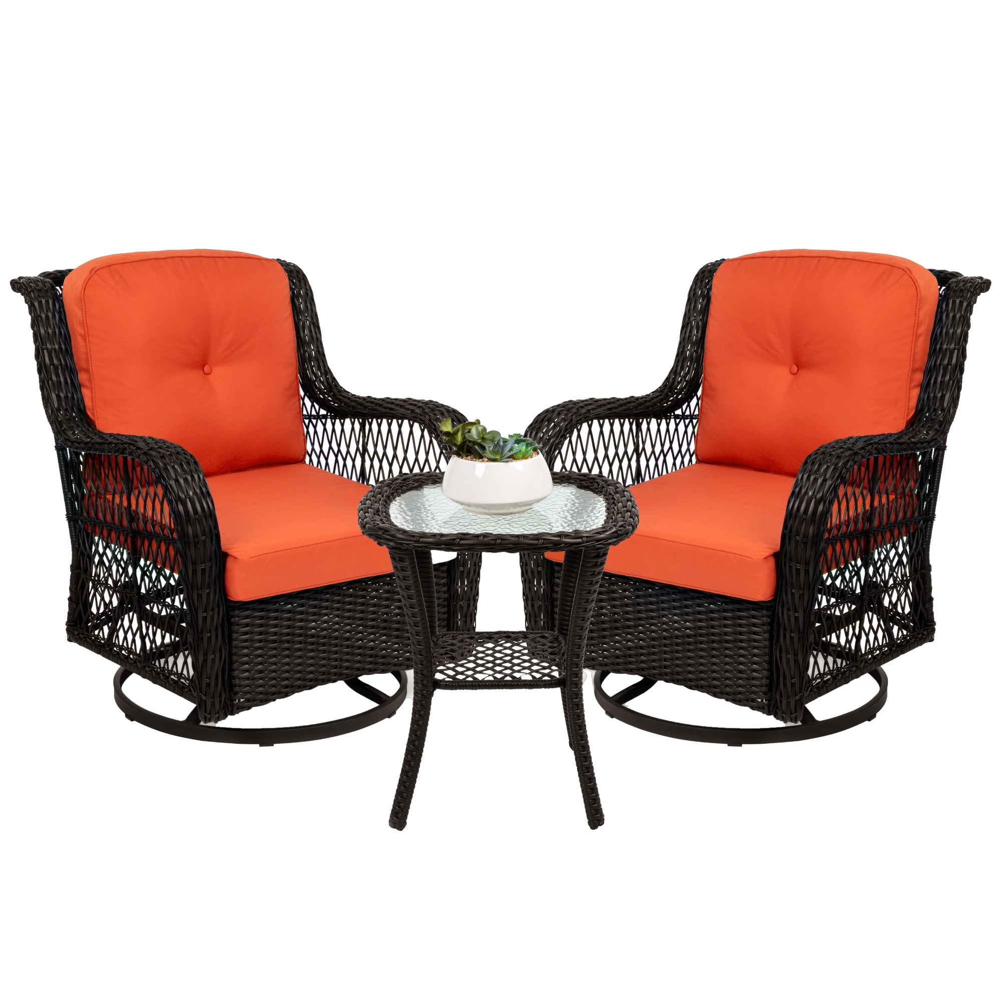 3-Piece Patio Wicker Bistro Furniture Set w/ 2 Swivel Rocking Chairs, Table - Rust
