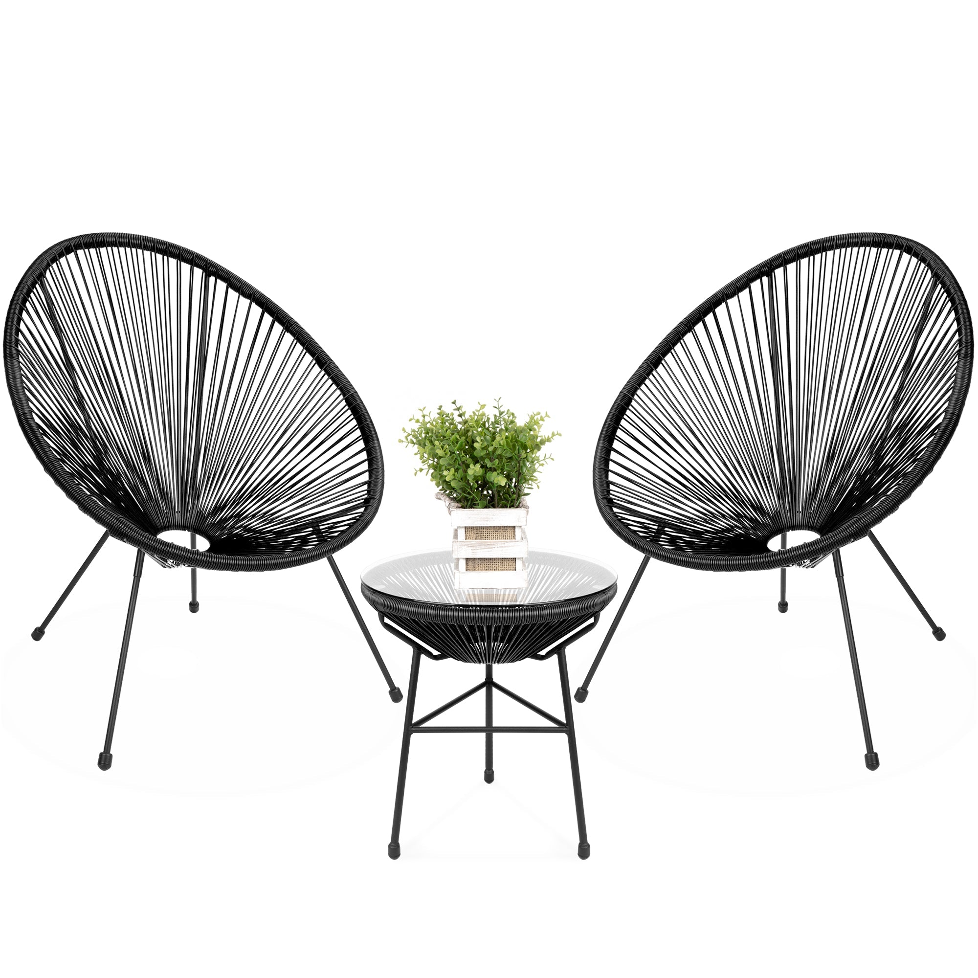 3-Piece All-Weather Patio Acapulco Bistro Set w/ Rope, Glass Top Table - Black