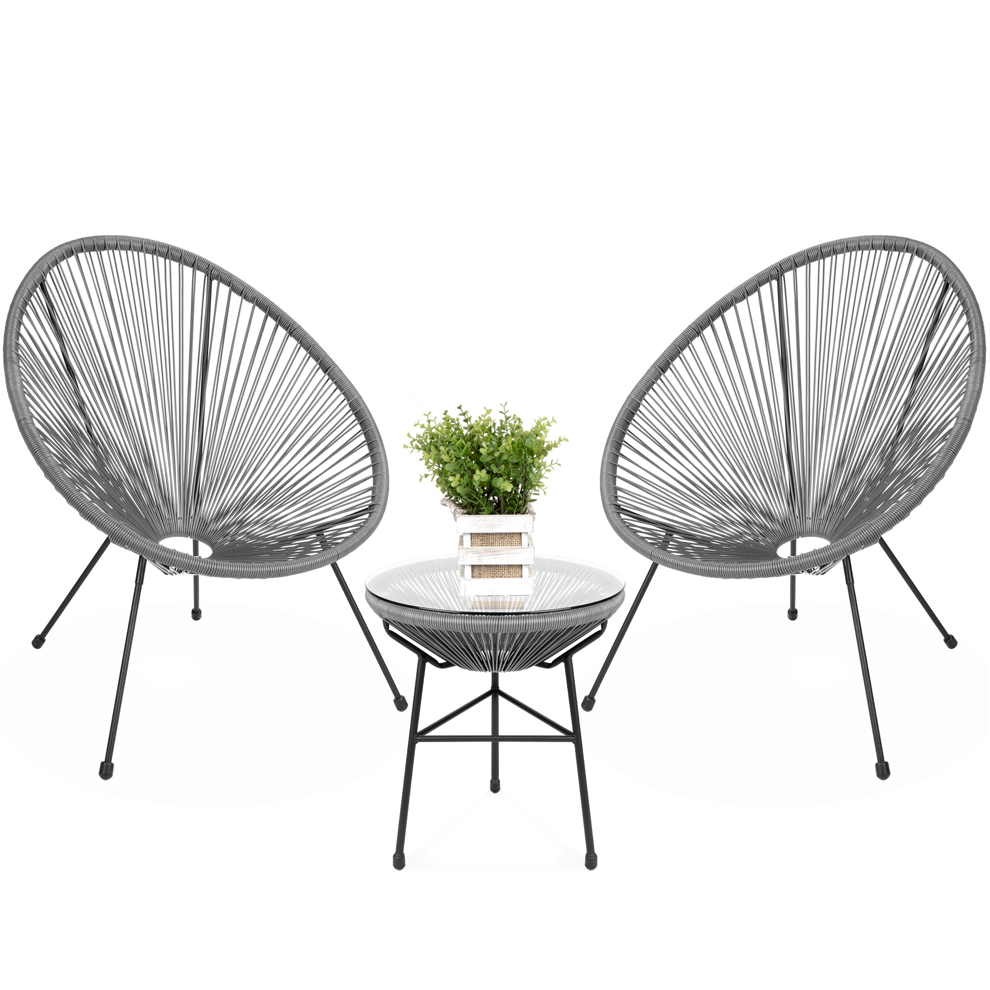 3-Piece All-Weather Patio Acapulco Bistro Set w/ Rope, Glass Top Table - Gray