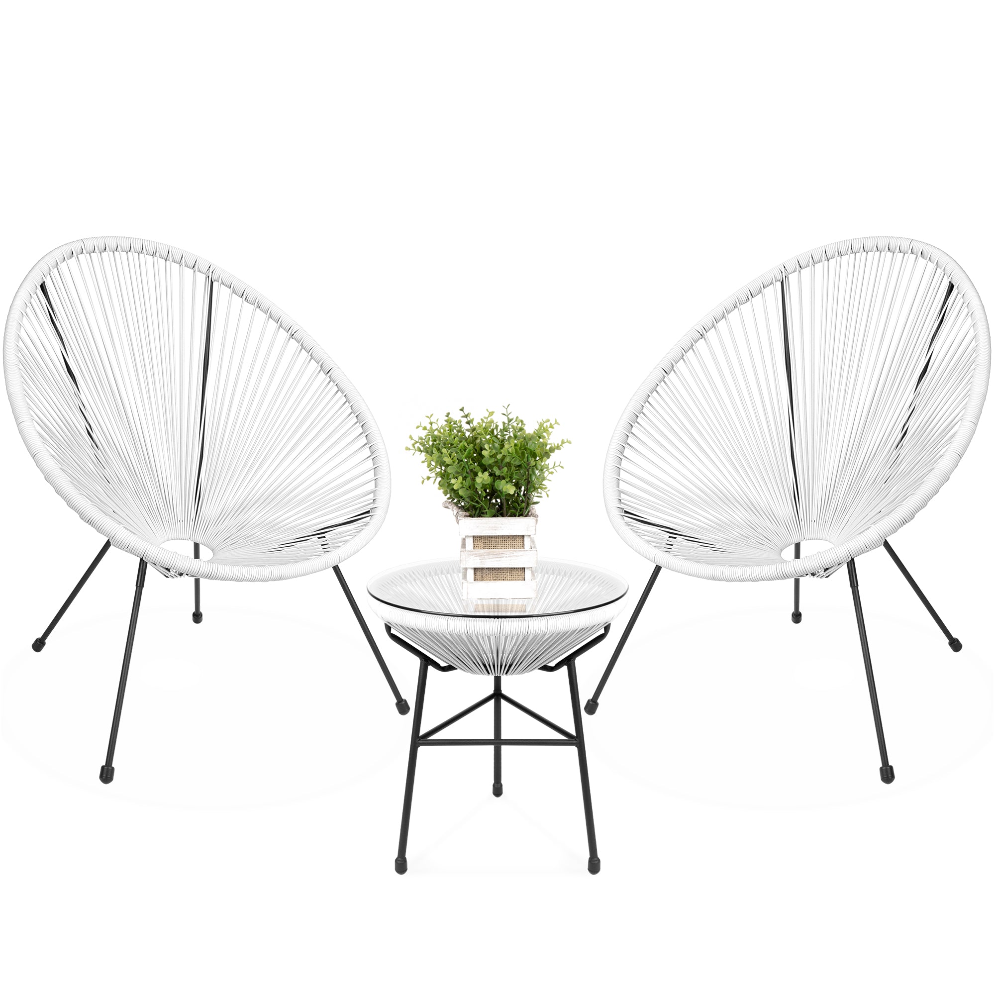 3-Piece All-Weather Patio Acapulco Bistro Set w/ Rope, Glass Top Table - White
