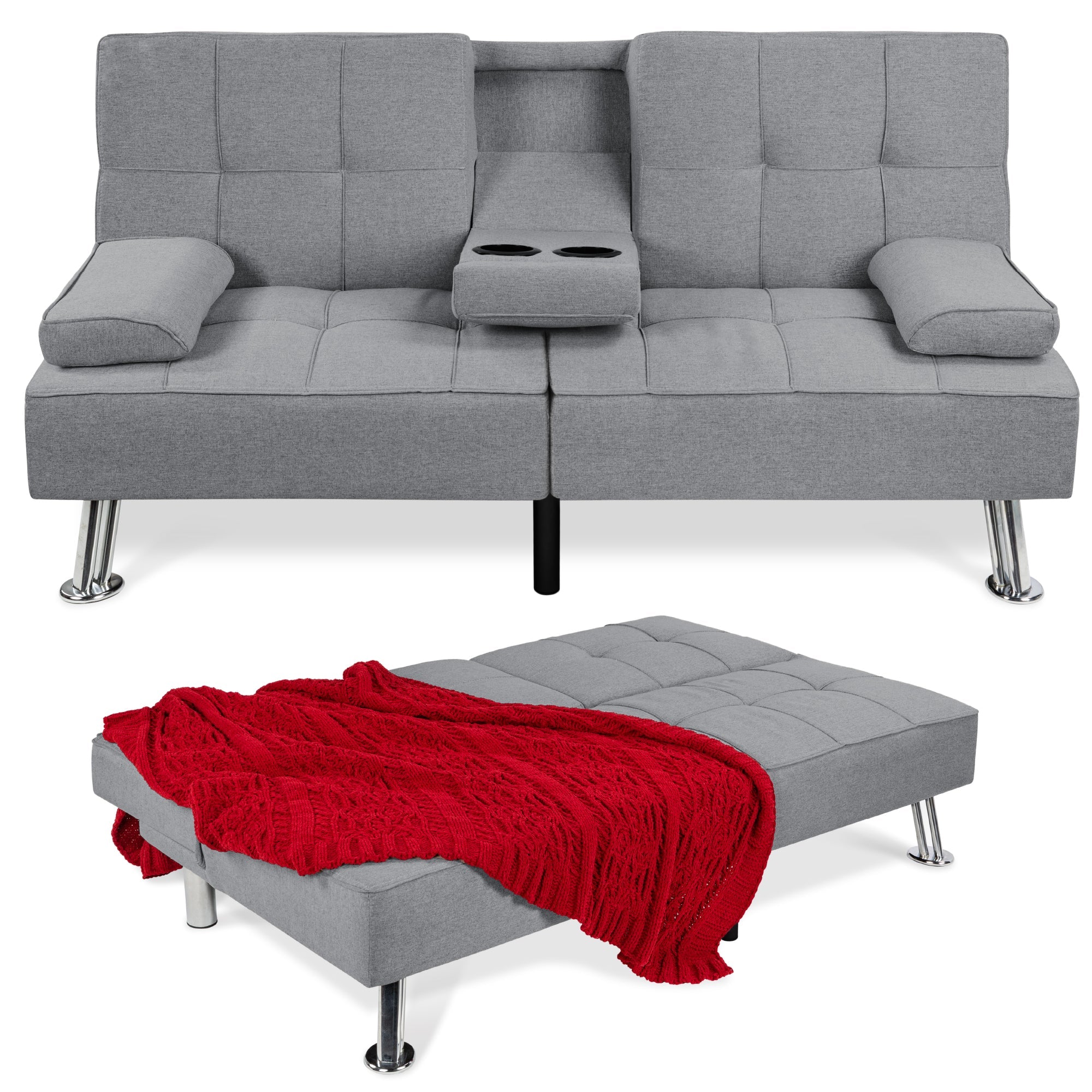 Linen Upholstered Convertible Sofa Bed Futon w/ 2 Cupholders - Gray