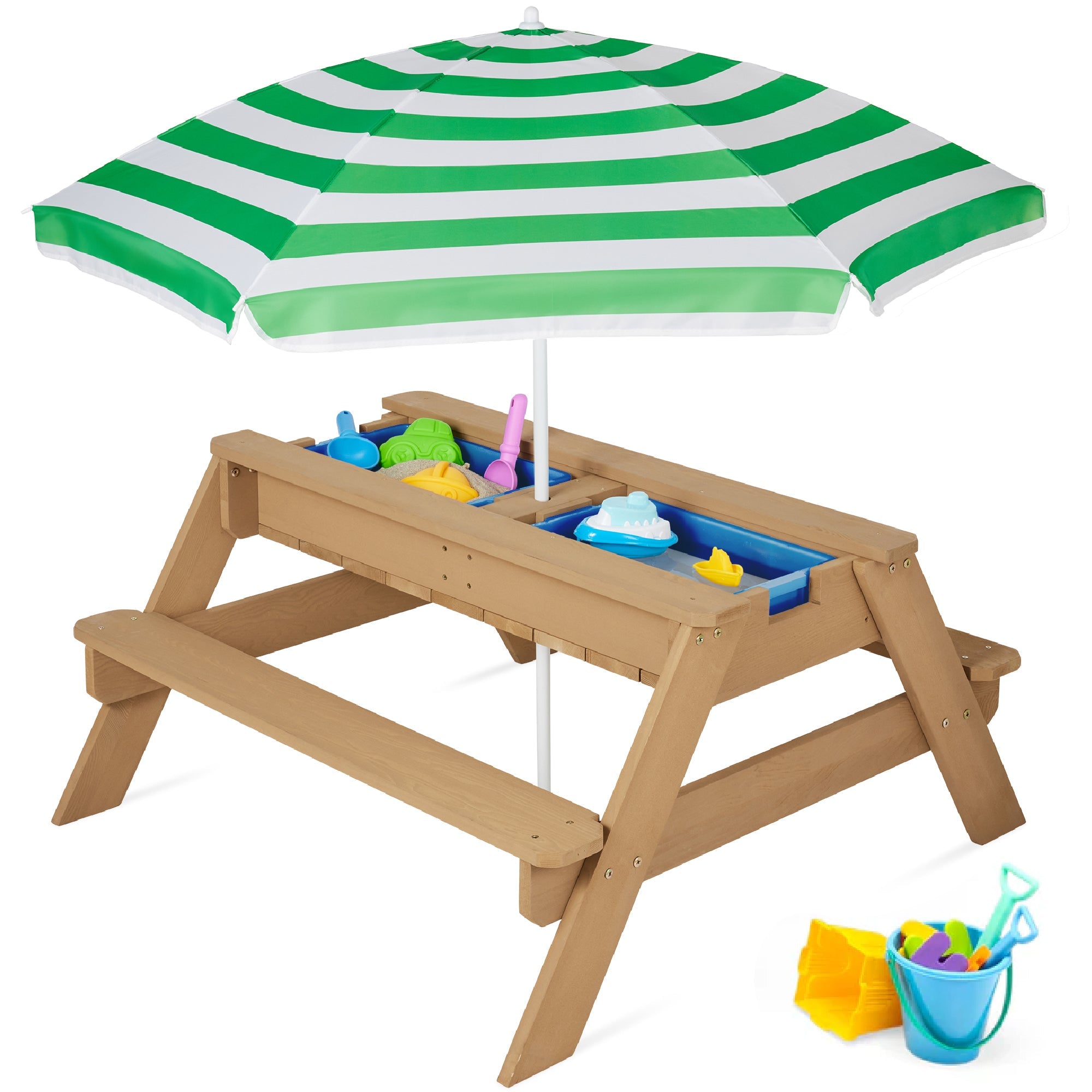 3-in-1 Kids Sand & Water Table Outdoor Wood Picnic Table w/ Umbrella - Green