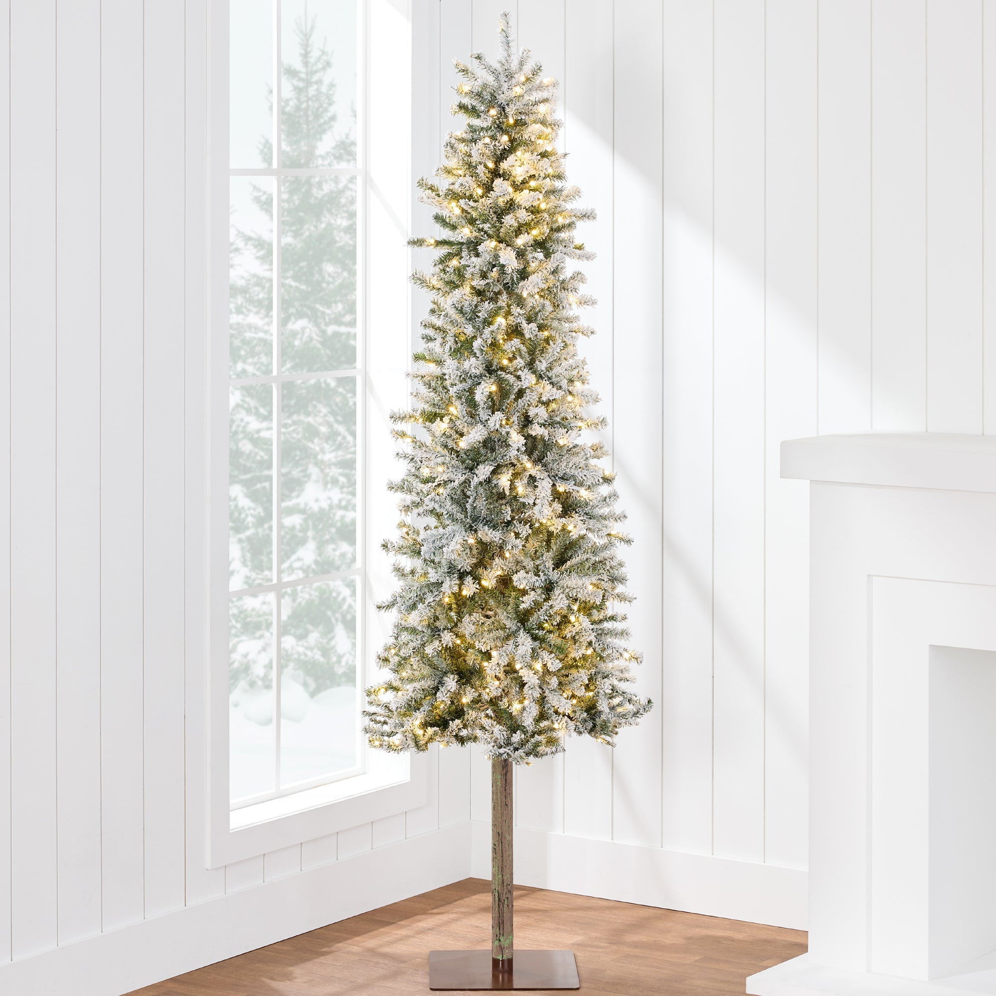 Pre-Lit Flocked Alpine Slim Pencil Christmas Tree w/ LED Lights, Stand - 6ft