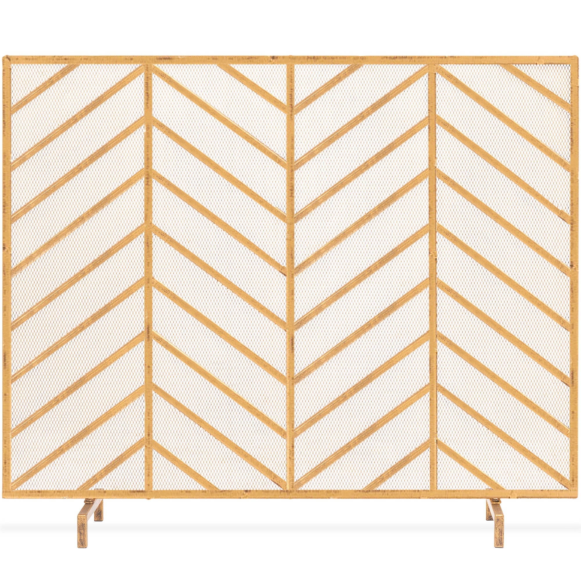Single Panel Iron Chevron Fireplace Screen w/ Antique Finish - 38x31in - Gold