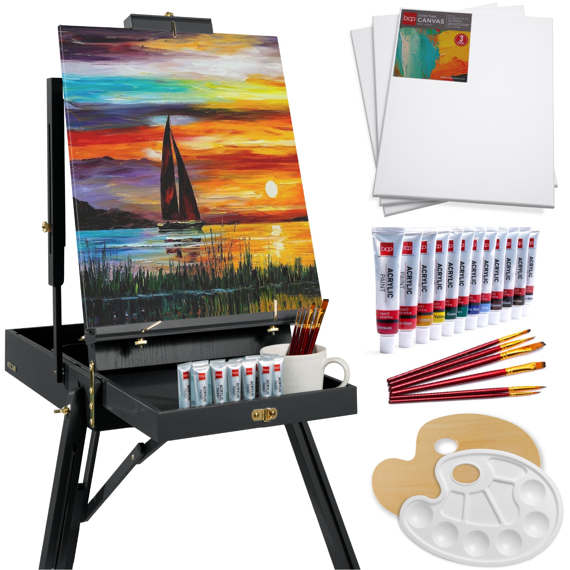 Portable Wooden French Easel w/ 32pc Beginners Kit - Black