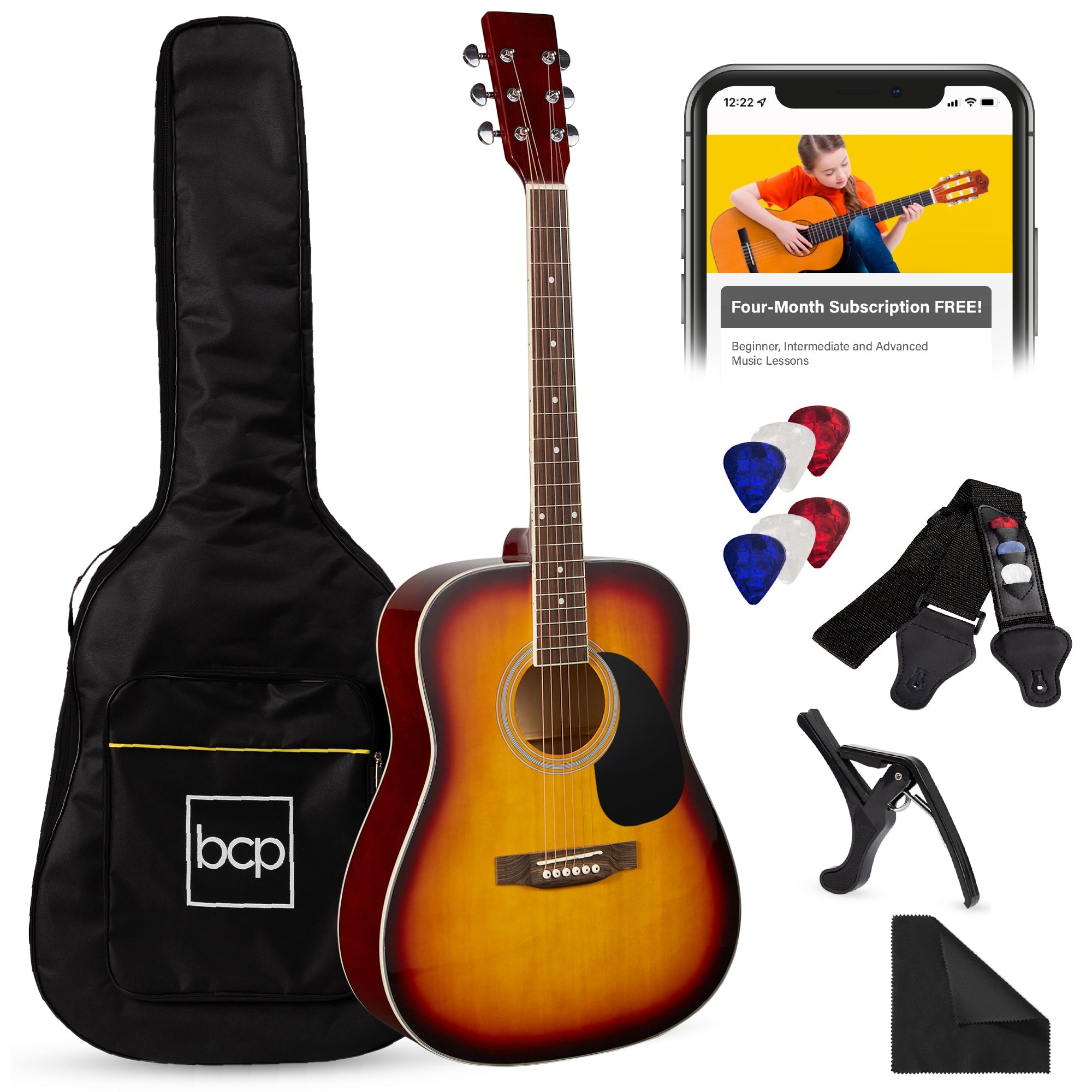 41in Acoustic Guitar Starter Kit w/ Digital Tuner, Padded Case, Picks, Strap - Sunburst