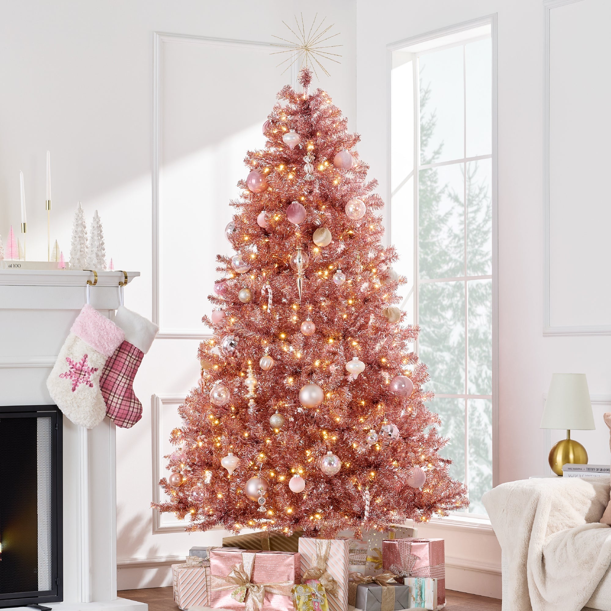 Prelit Pink Artificial Tinsel Christmas Tree w/ Foldable Stand - 7.5ft
