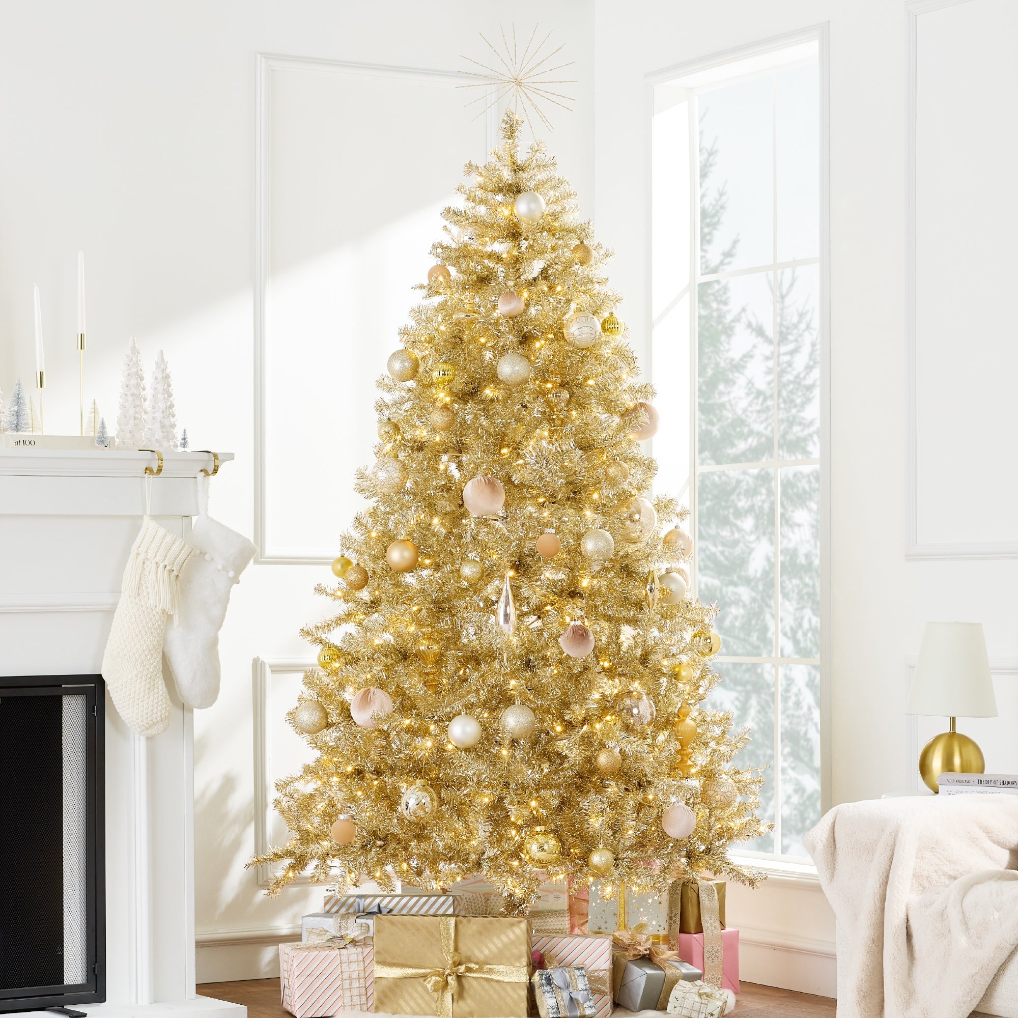 Prelit Gold Artificial Tinsel Christmas Tree w/ Foldable Stand - 7.5ft