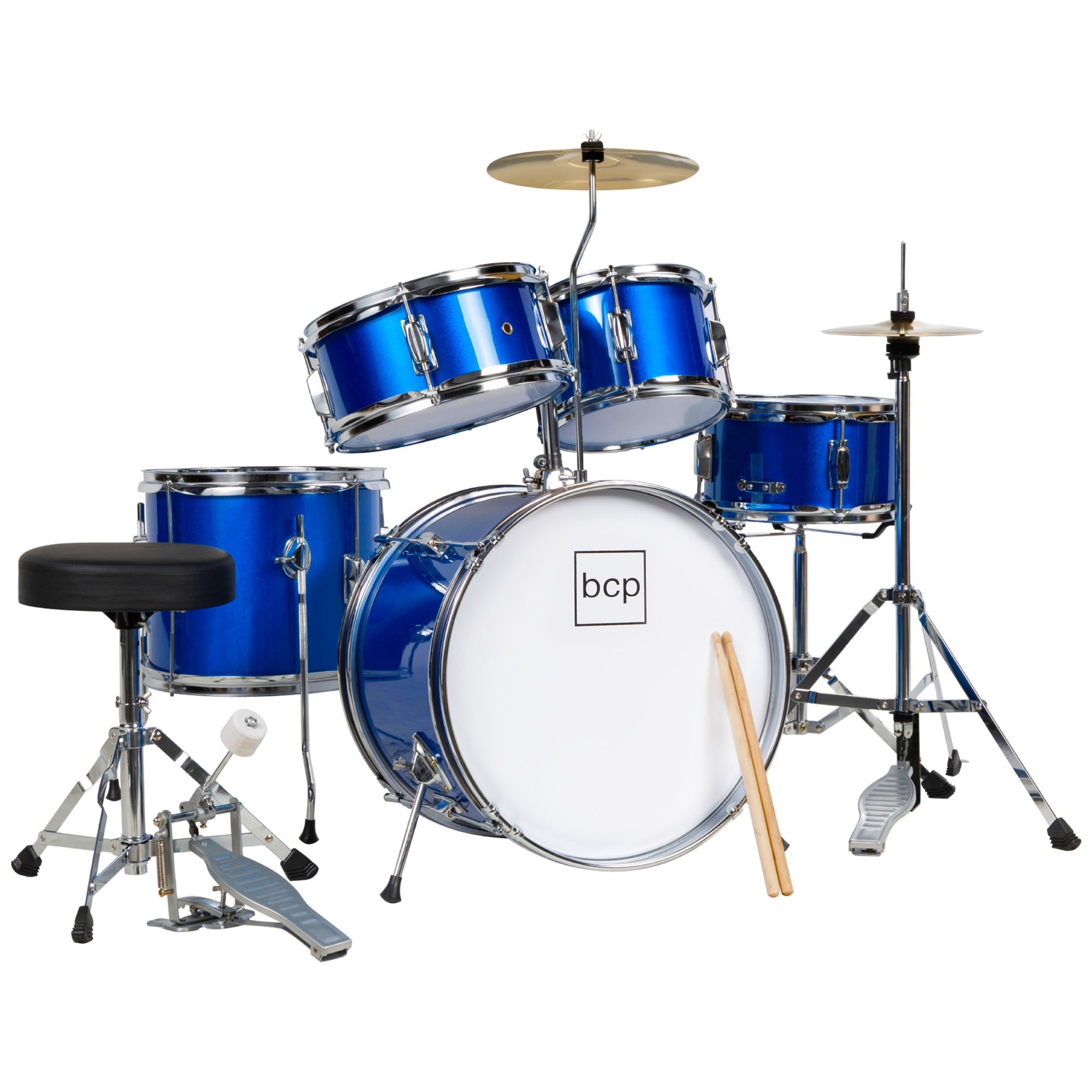 Kids Beginner All Wood Acoustic Drum Kit Starter Set w/ Stool, Drumsticks - Blue