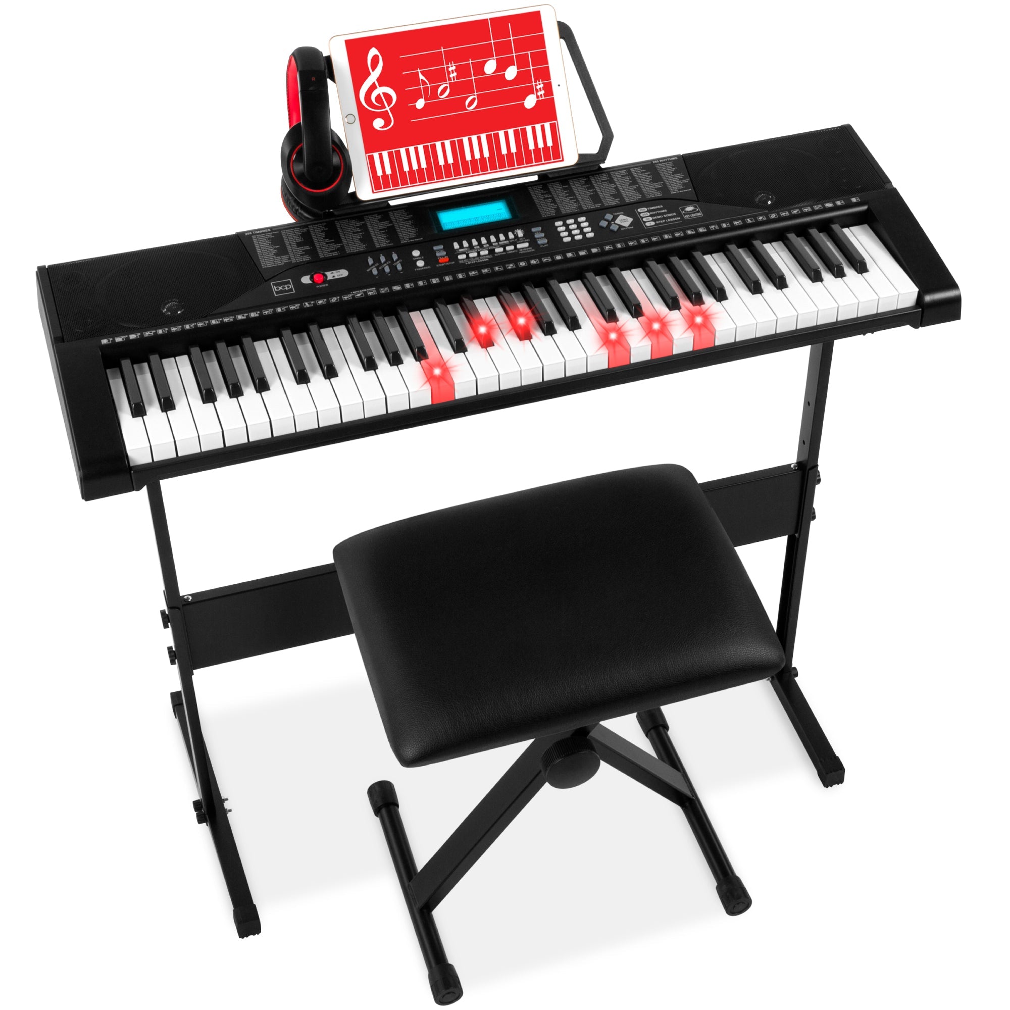61-Key Beginners Electronic Keyboard Piano Set w/ Lighted Keys, Headphones - Black