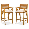 Set of 2 Outdoor Acacia Wood Bar Stools Chairs w/ Weather-Resistant Cushions - Brown