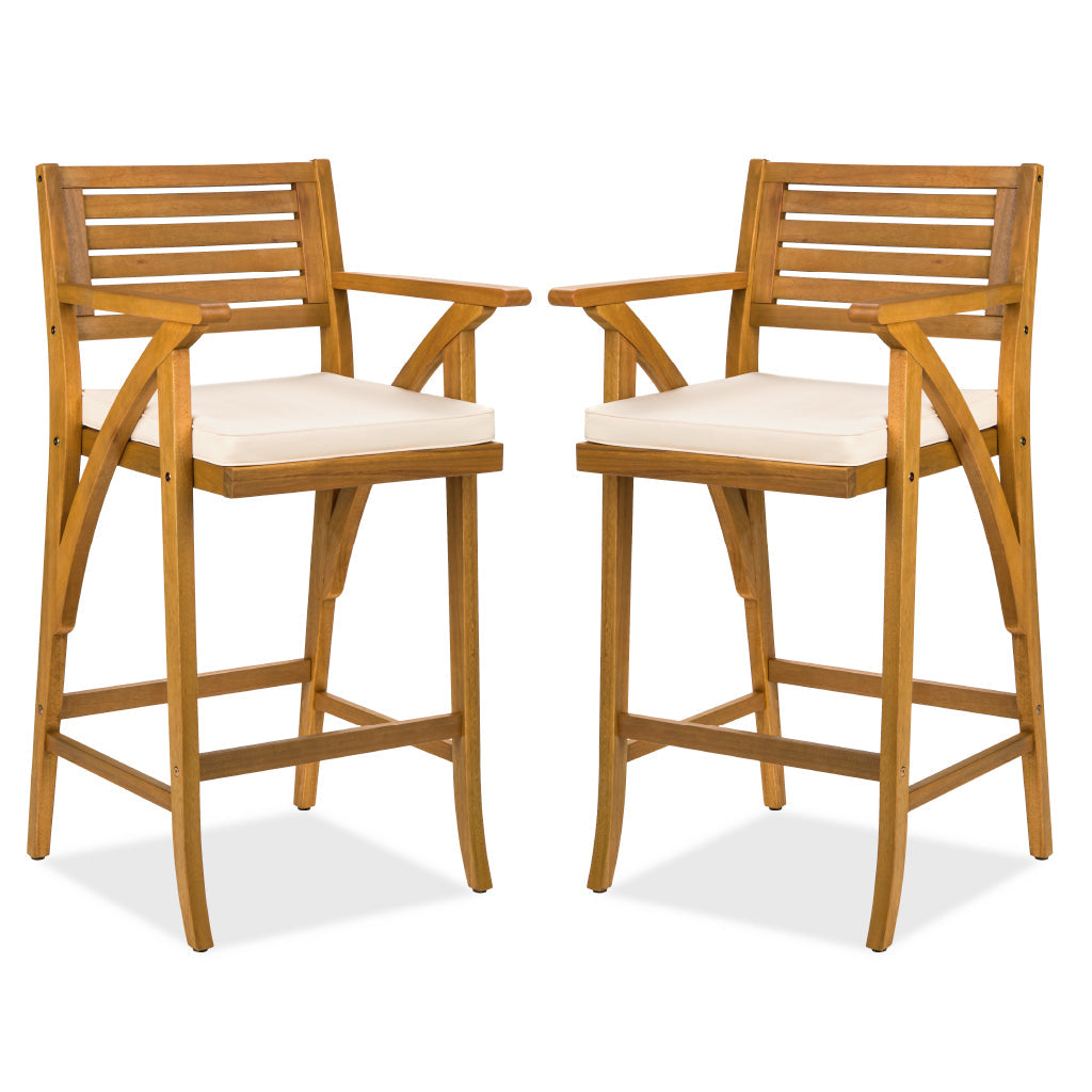 Set of 2 Outdoor Acacia Wood Bar Stools Chairs w/ Weather-Resistant Cushions - Brown