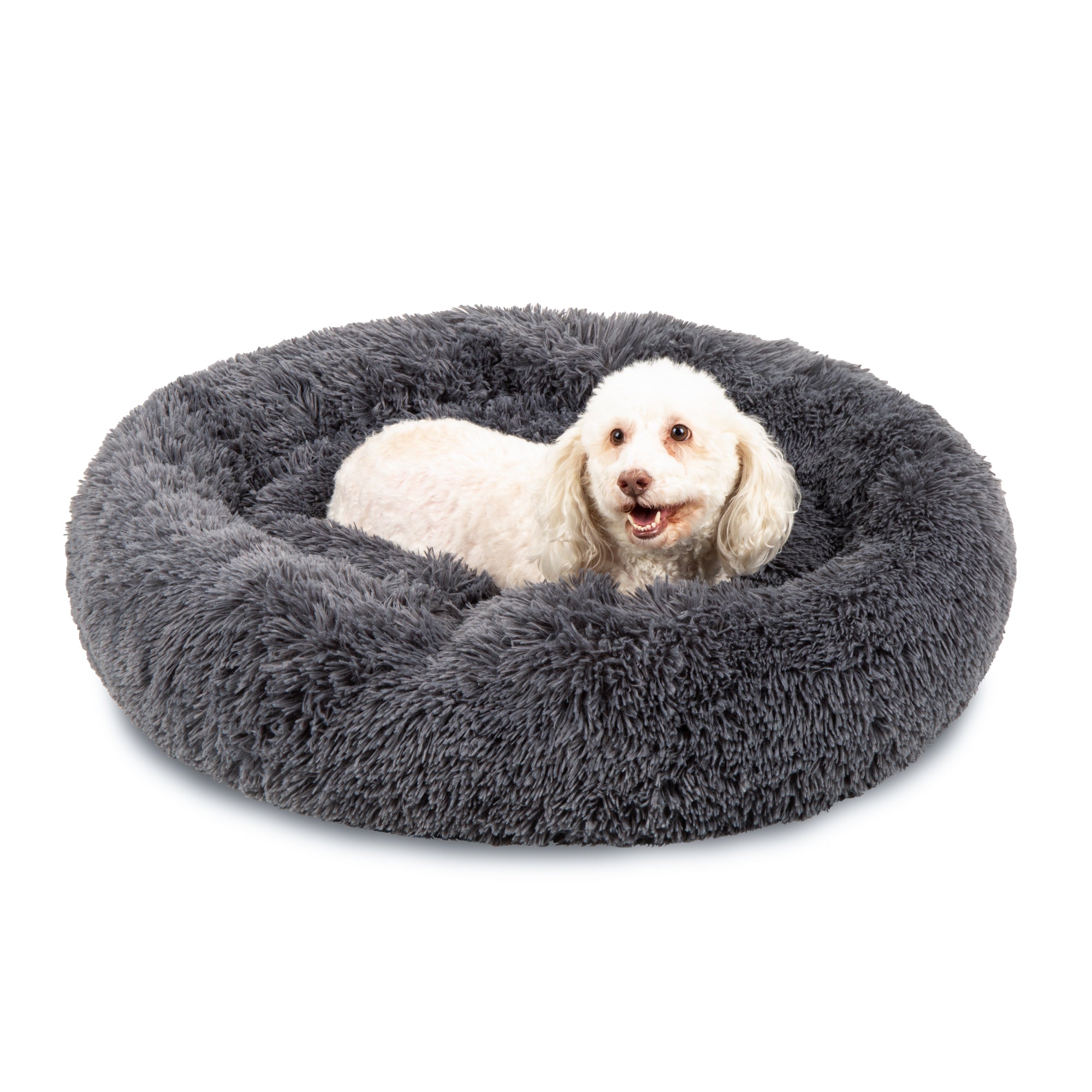 Self-Warming Shag Fur Calming Pet Bed w/ Water-Resistant Lining - Gray - 36in