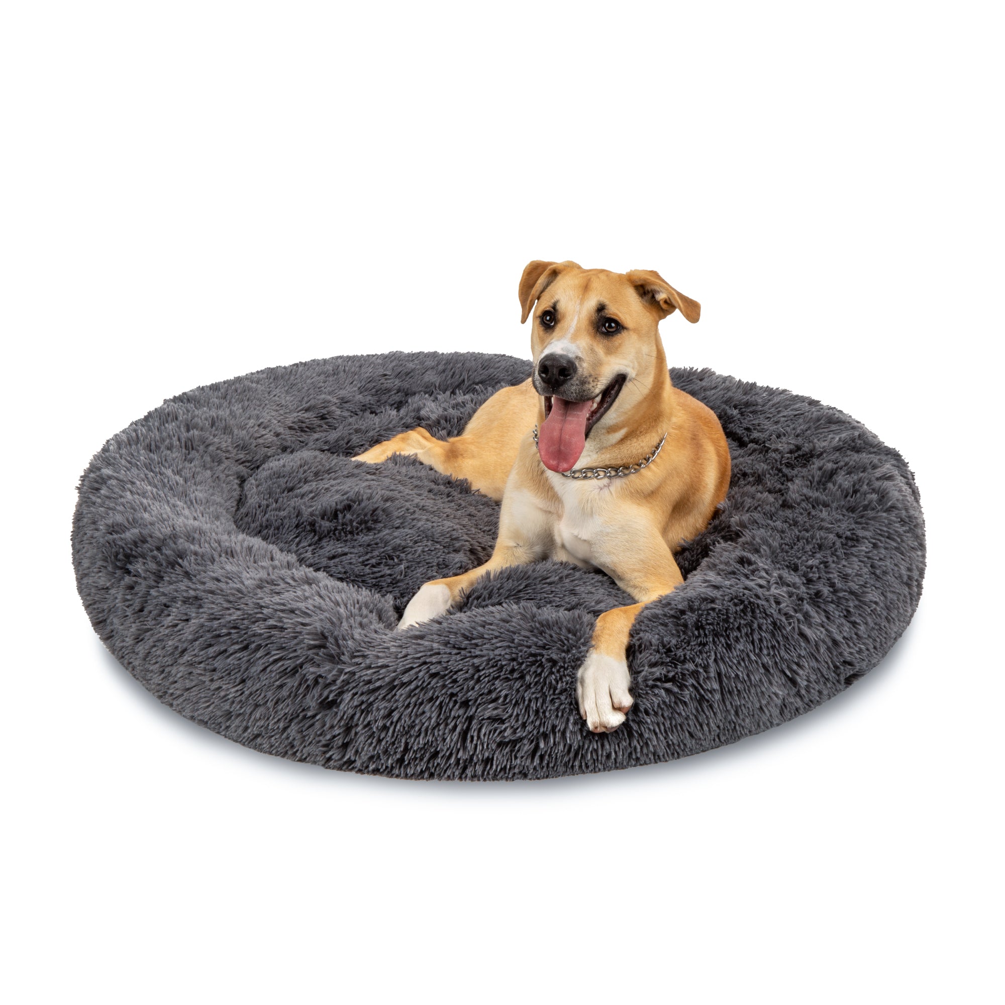 Self-Warming Shag Fur Calming Pet Bed w/ Water-Resistant Lining - Gray - 45in