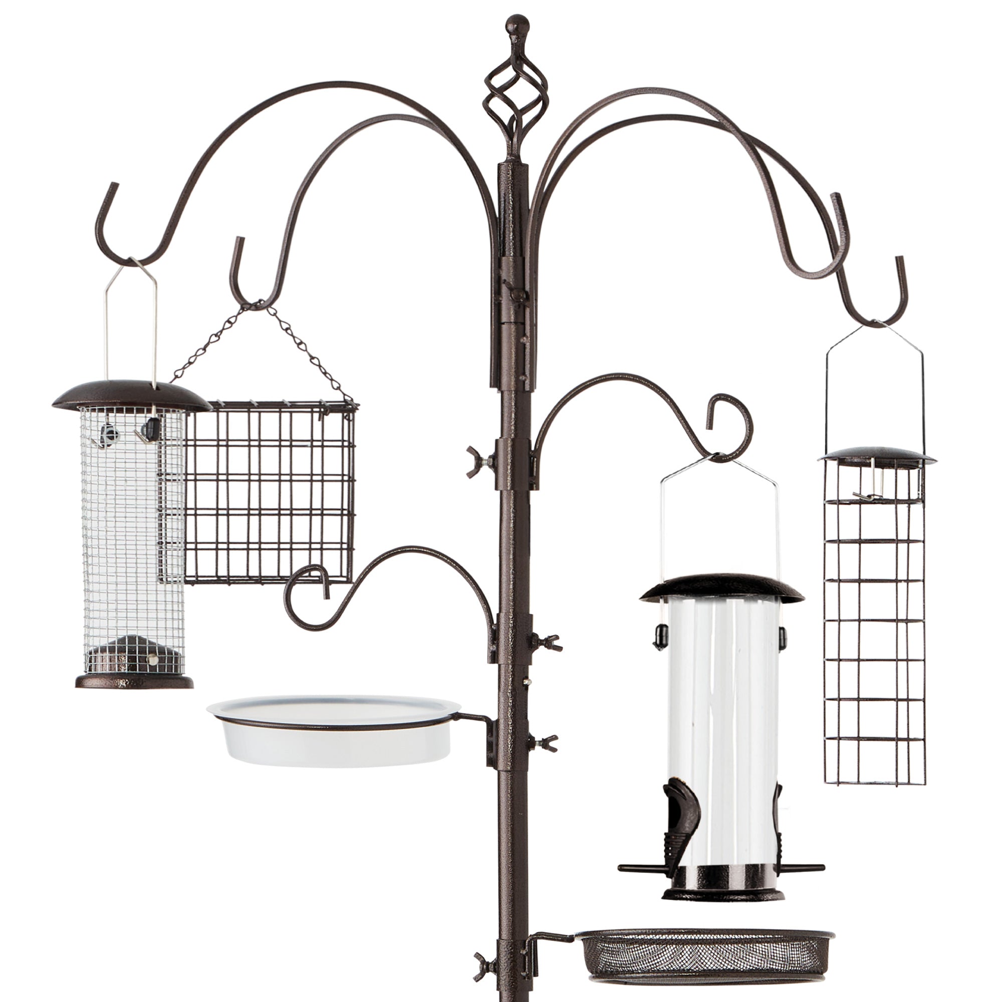 Bird Feeding Station, 6-Hook Steel Multi-Feeder Stand w/ 4 Feeders - 89in - Bronze