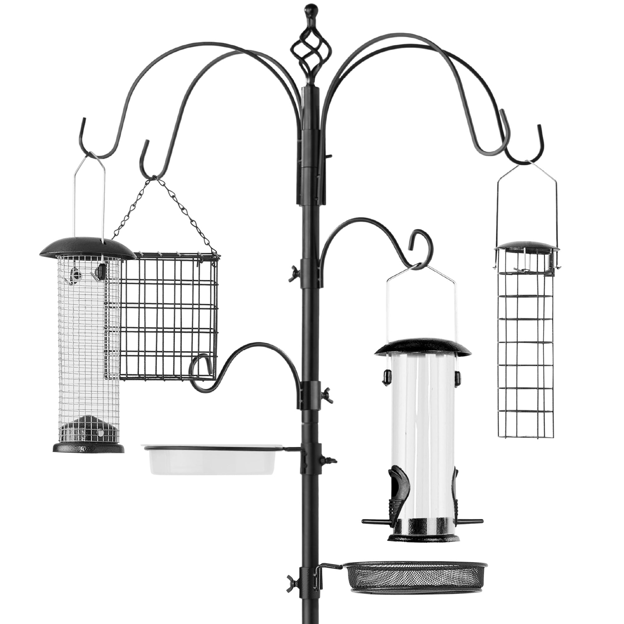 Bird Feeding Station, 6-Hook Steel Multi-Feeder Stand w/ 4 Feeders - 89in - Black