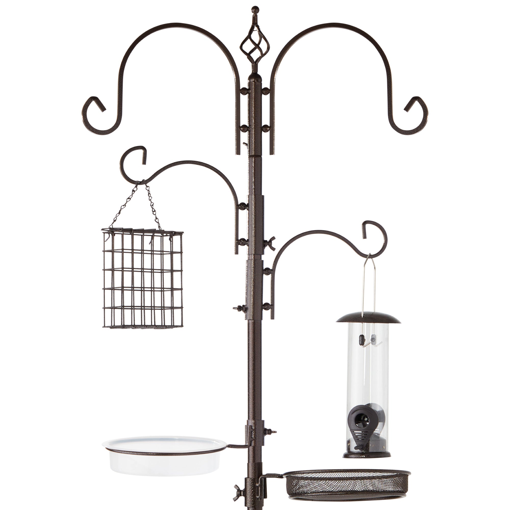 4-Hook Bird Feeding Station, Steel Feeder Stand w/ 2 Bird Feeders - 91in - Bronze