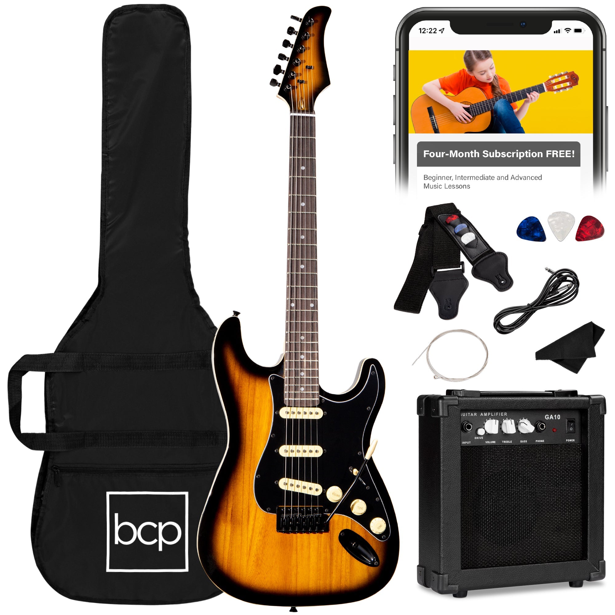 Beginner Electric Guitar Kit w/ Case, 10W Amp, Tremolo Bar - 39in - Sunburst