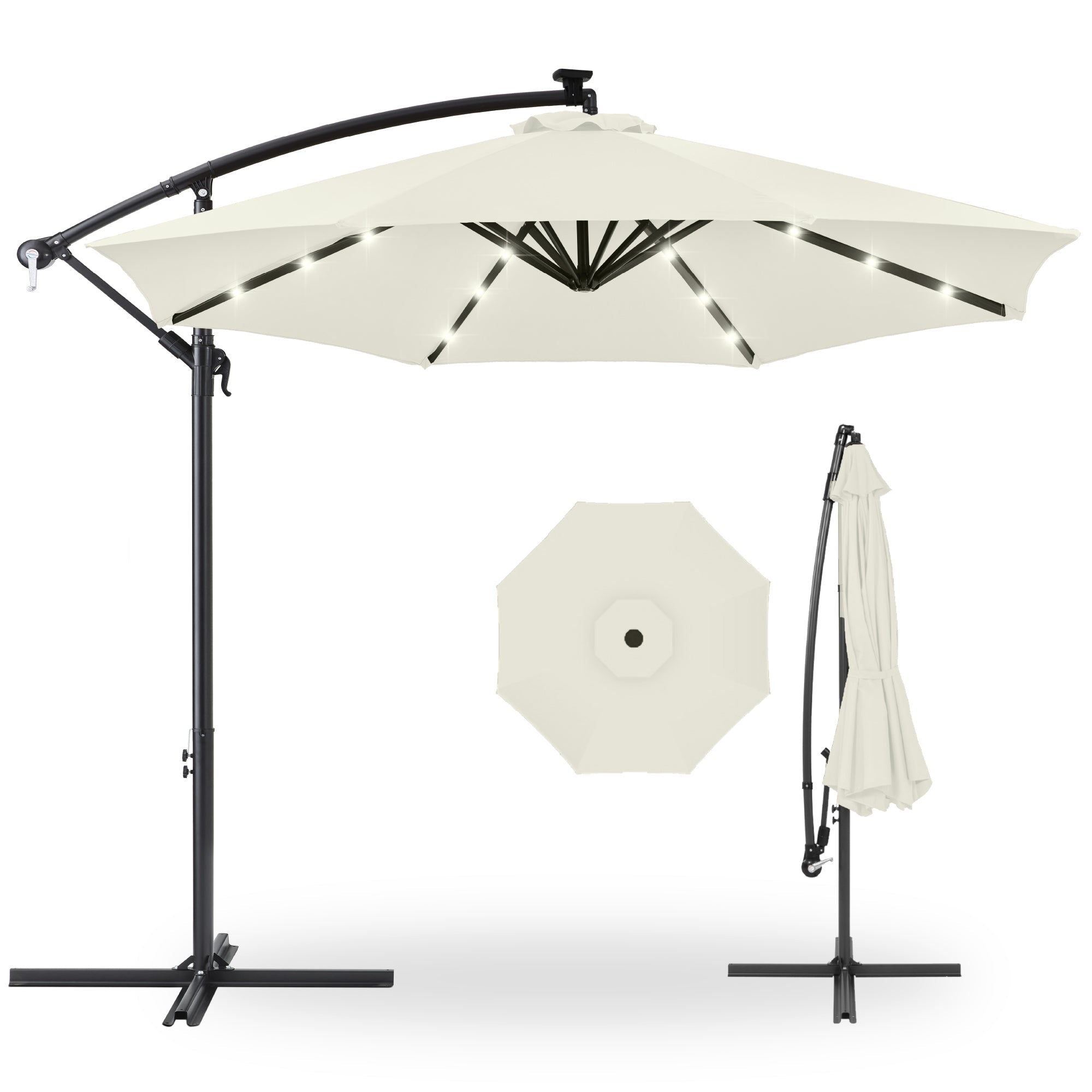 Solar LED Offset Hanging Patio Umbrella w/ Crank Tilt Adjustment - 10ft - Ivory