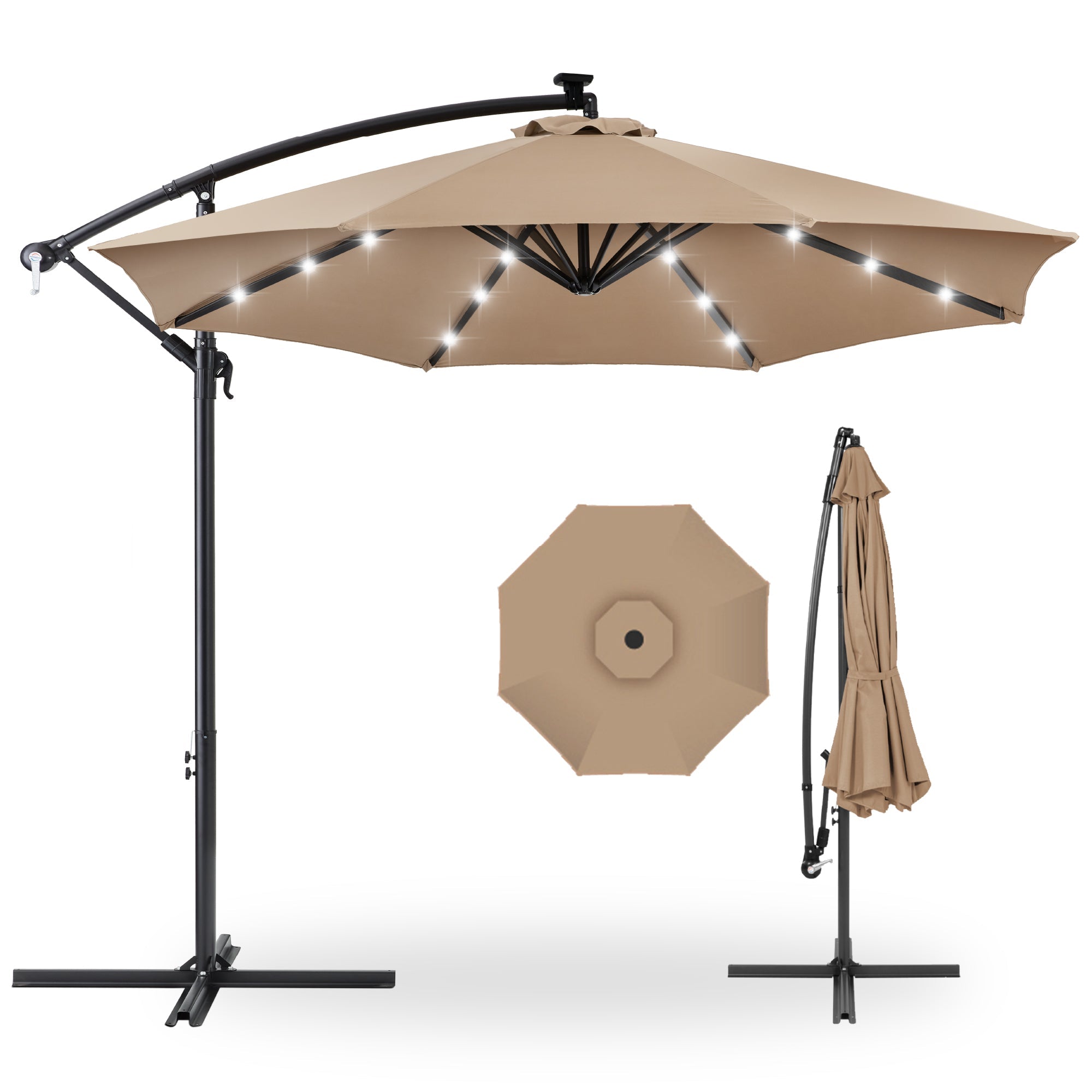 Solar LED Offset Hanging Patio Umbrella w/ Crank Tilt Adjustment - 10ft - Tan