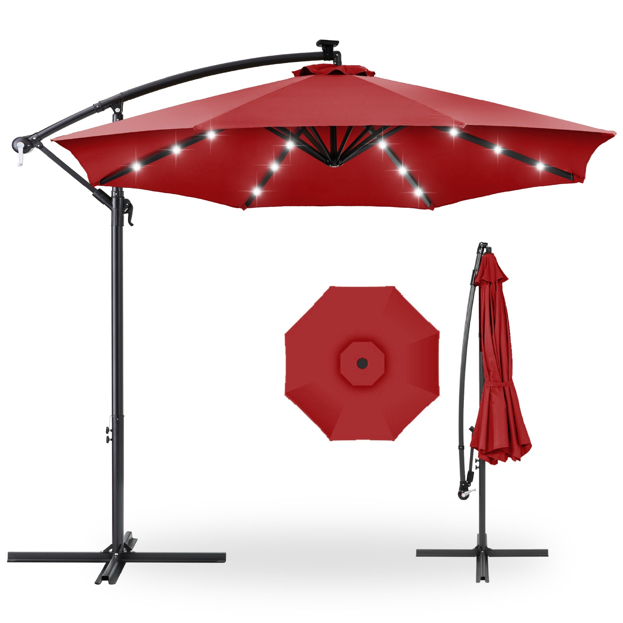 Solar LED Offset Hanging Patio Umbrella w/ Crank Tilt Adjustment - 10ft - Red