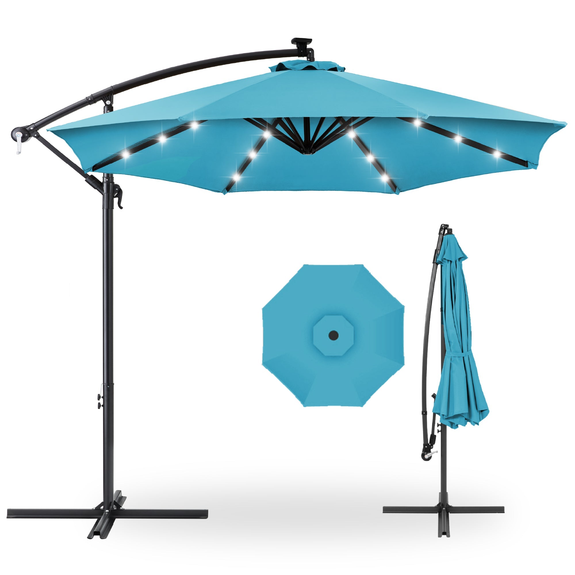 Solar LED Offset Hanging Patio Umbrella w/ Crank Tilt Adjustment - 10ft - Sky Blue