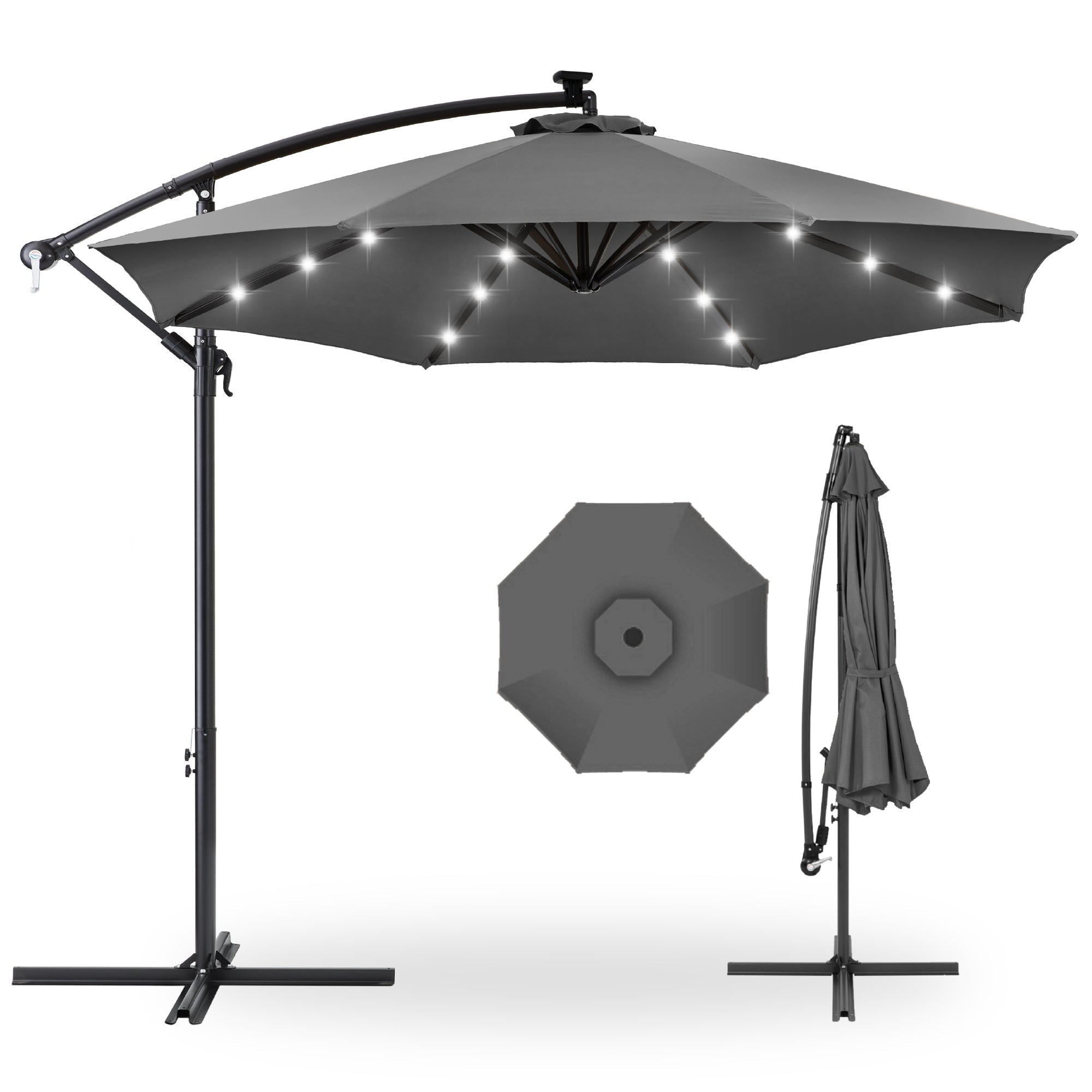 Solar LED Offset Hanging Patio Umbrella w/ Crank Tilt Adjustment - 10ft - Gray