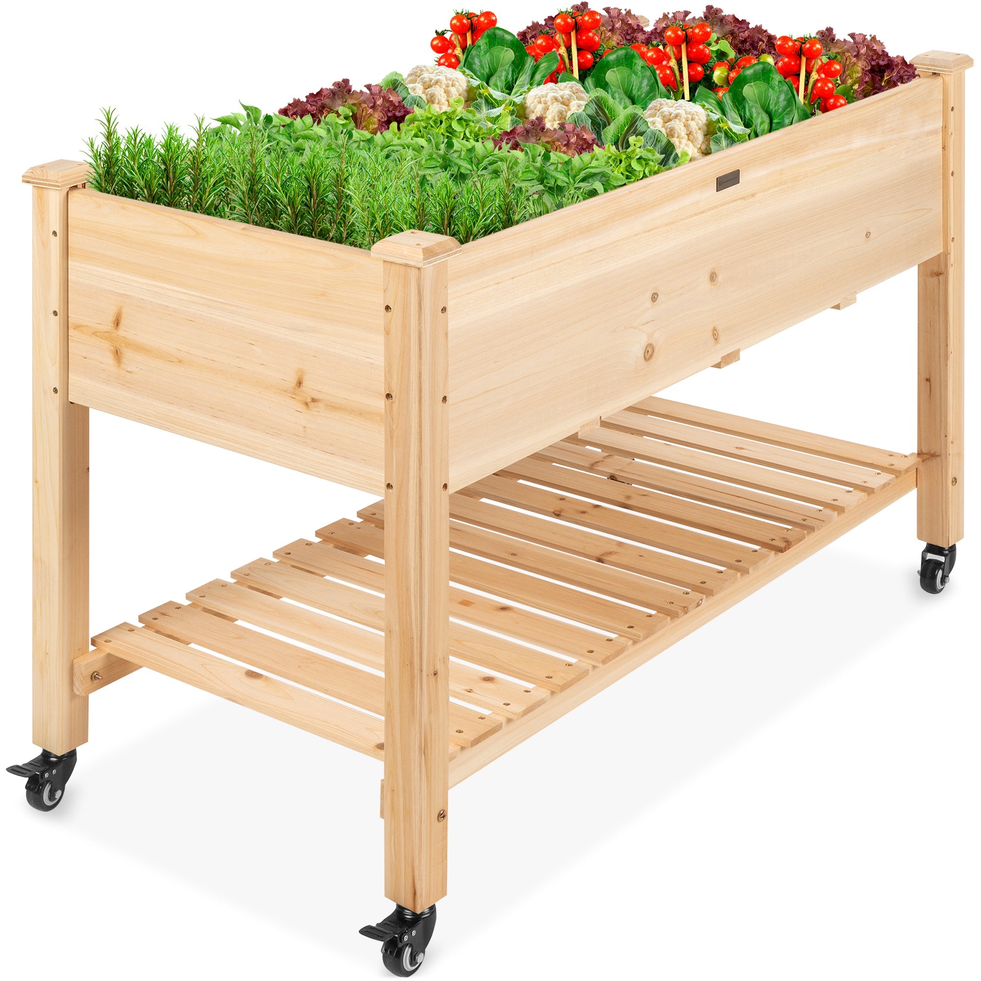 Mobile Raised Garden Bed Elevated Planter w/ Wheels, Shelf - 48x24x32in - Natural